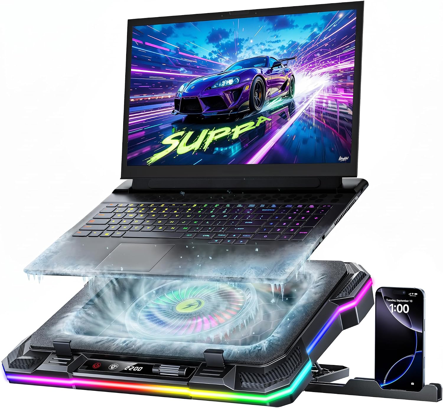 AICHESON RGB Laptop Cooling Pad for 15-19 Inch Laptops, Gaming Laptop Cooler with 140mm High Speed Fan (300-2200 RPM), Phone Holder, Black