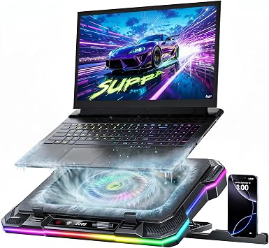 AICHESON RGB Laptop Cooling Pad for 15-19 Inch Laptops, Gaming Laptop Cooler with 140mm High Speed Fan 300-2200 RPM, Phone Holder, Black