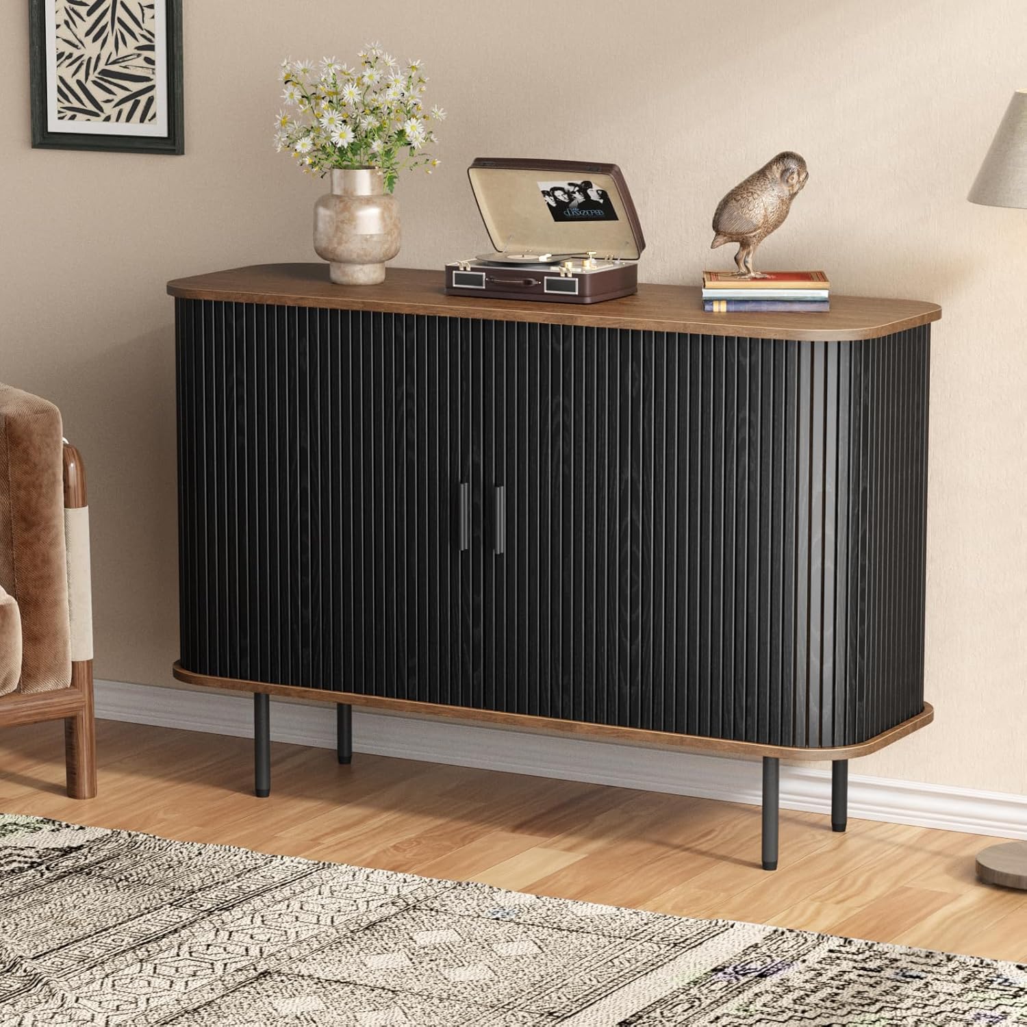 tambour door cabinet front view with fluted panels and slatted sliding doors