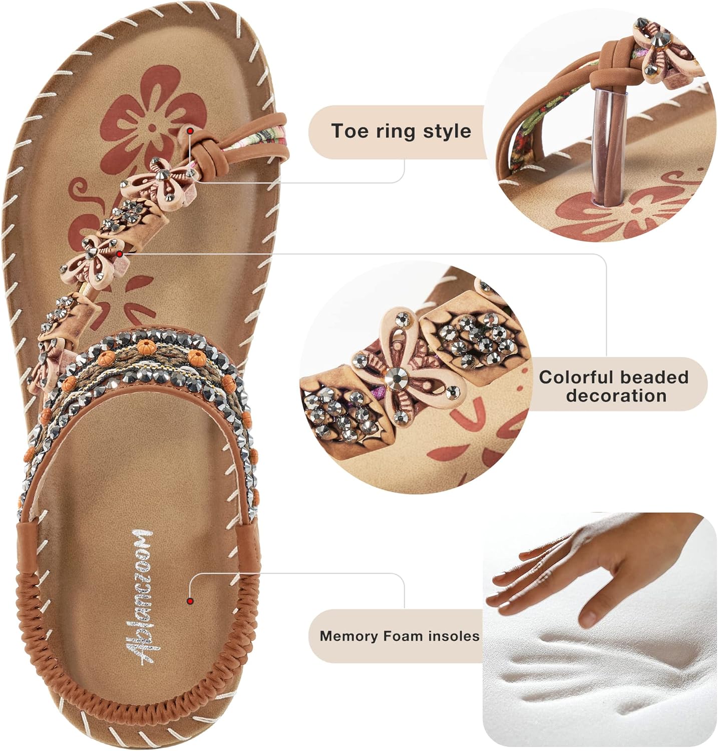 Ablanczoom Summer Flat Sandals for Women: Casual Walking Sandals Comfortable Bohemian Beaded Ankle Elastic Slip-On Beach Shoes - Image 4