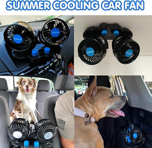 Miniatura 3 de Yerloa Ventilador de coche eléctrico de 12 V, ventilador portátil para automóvil, doble cabeza, rotación de 360 grados, ventilador de aire de