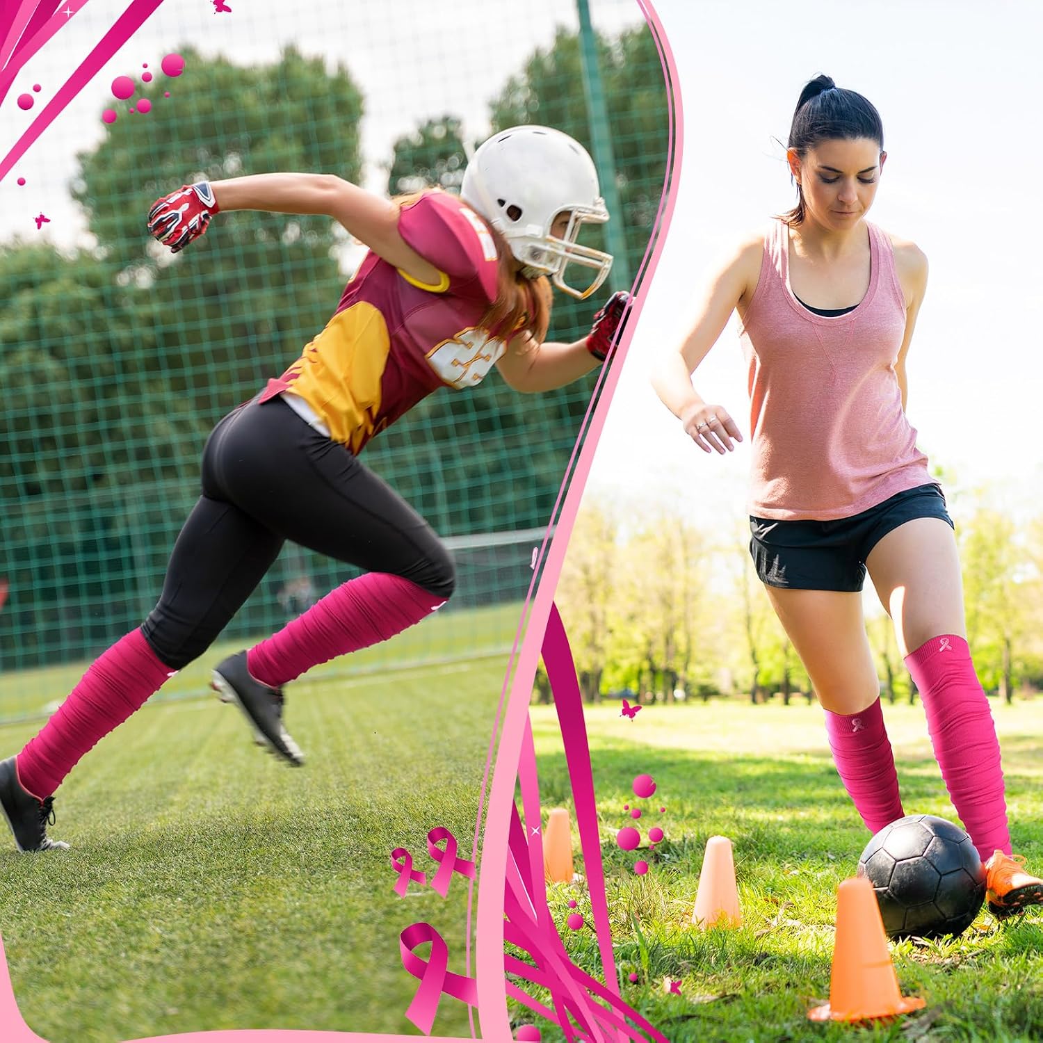 Foaincore 4 Pairs Breast Cancer Awareness Elastic Compression Calf Football Leg Sleeve Sewed with Ribbon for Women