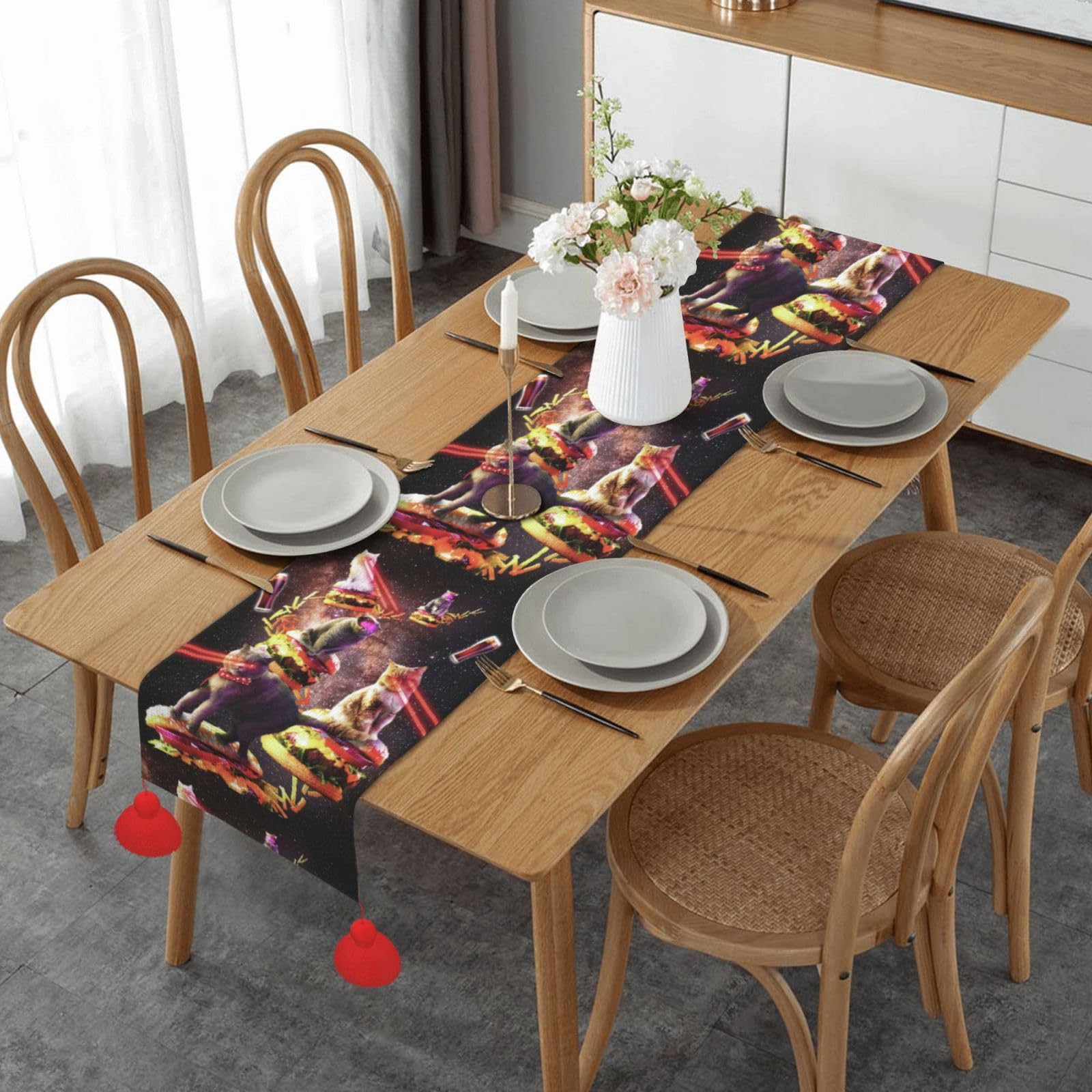 Chemin de table antidérapant avec pompons décoration table cuisine chat galaxie 152 cm