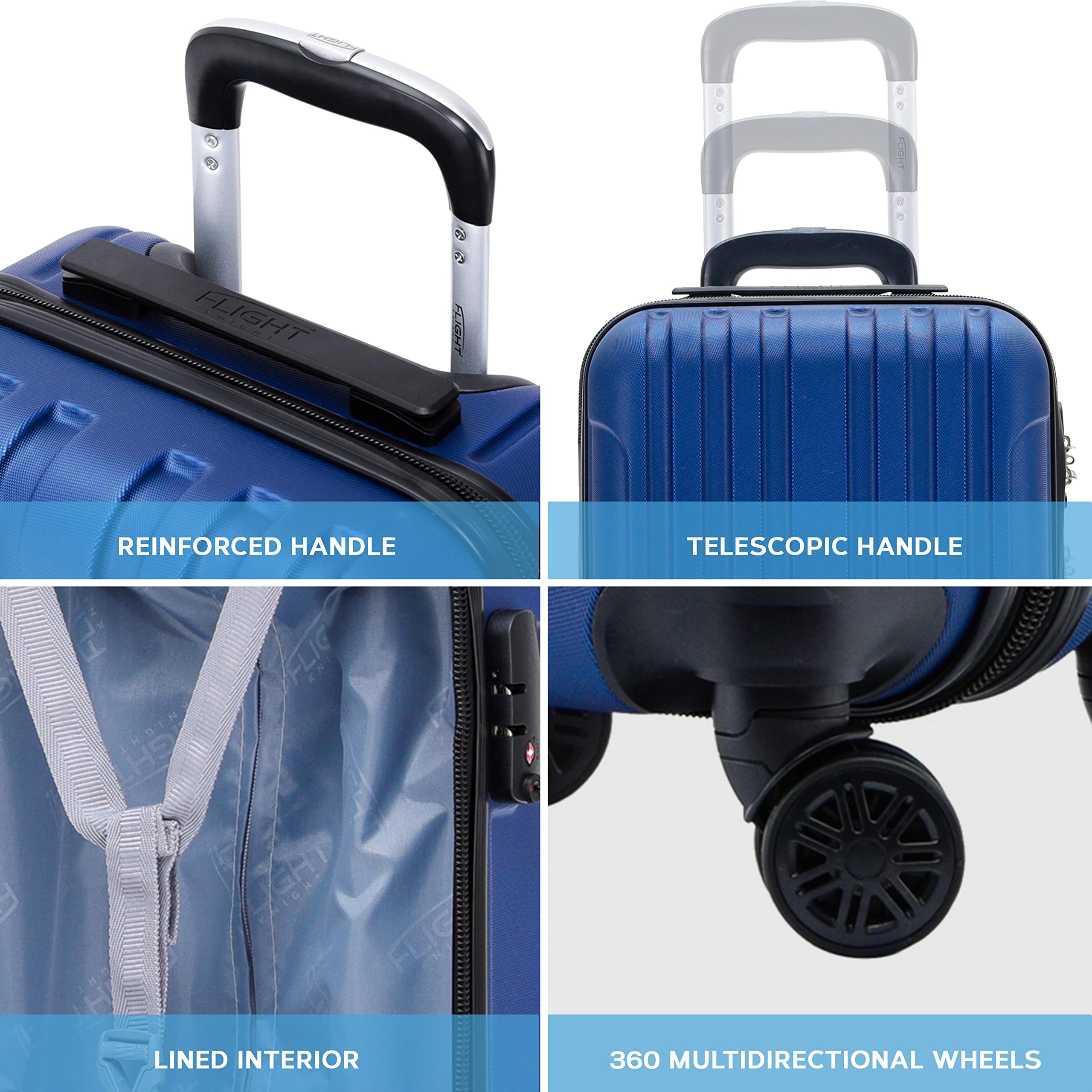Flight Knight Premium Travel Suitcase - 8 Spinner Wheels - Built-in TSA Combination Lock - Lightweight ABS Hard Shell Carry On Or Check in Luggage - Highly Durable - Approved for Over 100 Airlines