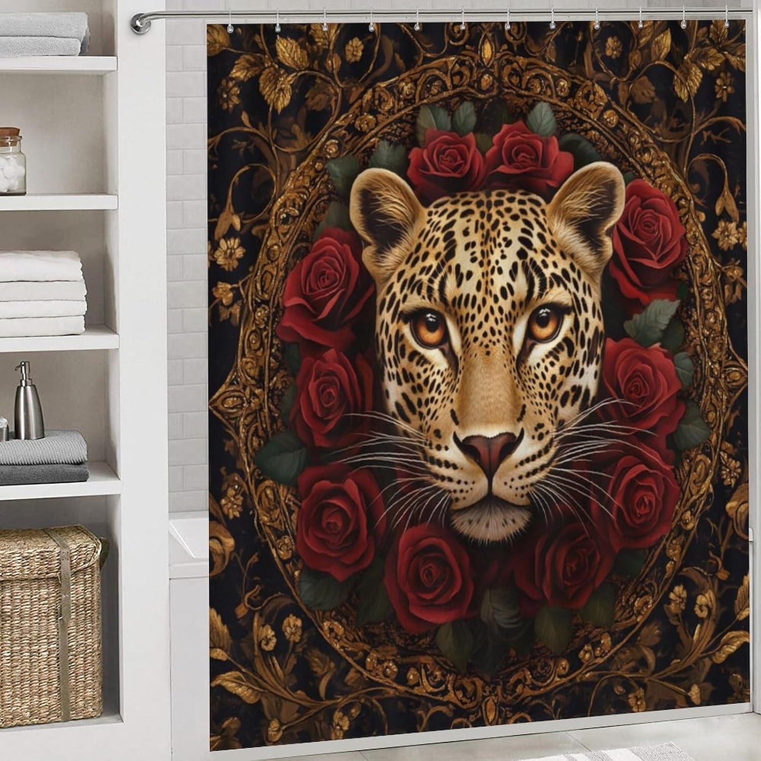 4pcs Leopard Red Rose Shower Curtain Set with Rugs, Toilet Lid Cover and Bath Mat, Gold Botanical Pattern Bathroom Curtains Decor Shower Curtains, 72" X 72"