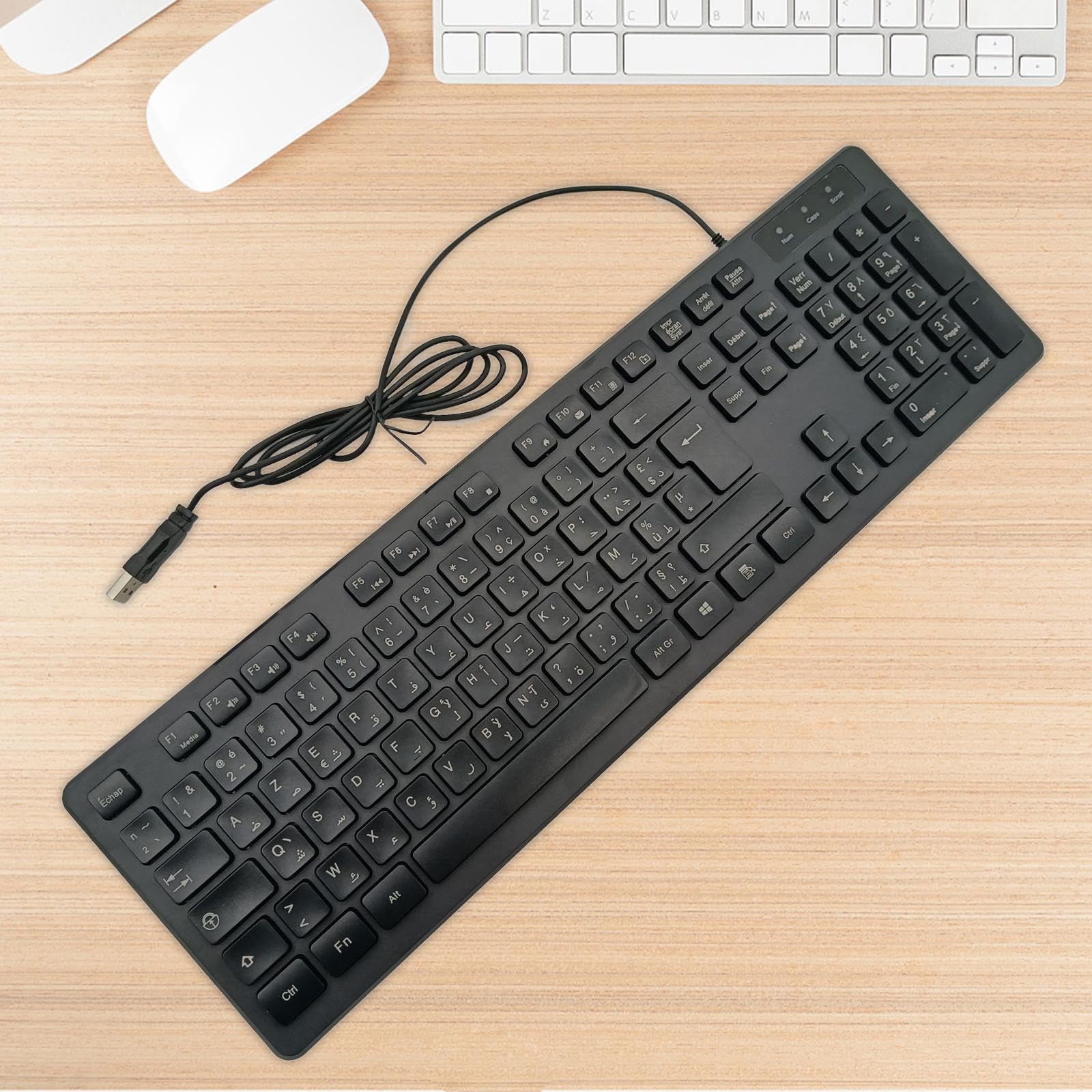 Clavier AZERTY Français Arabe, Câble USB de 1,45 m, Résistant aux Éclaboussures, Touches Silencieuses, Clavier Filaire pour Bureau École, Noir