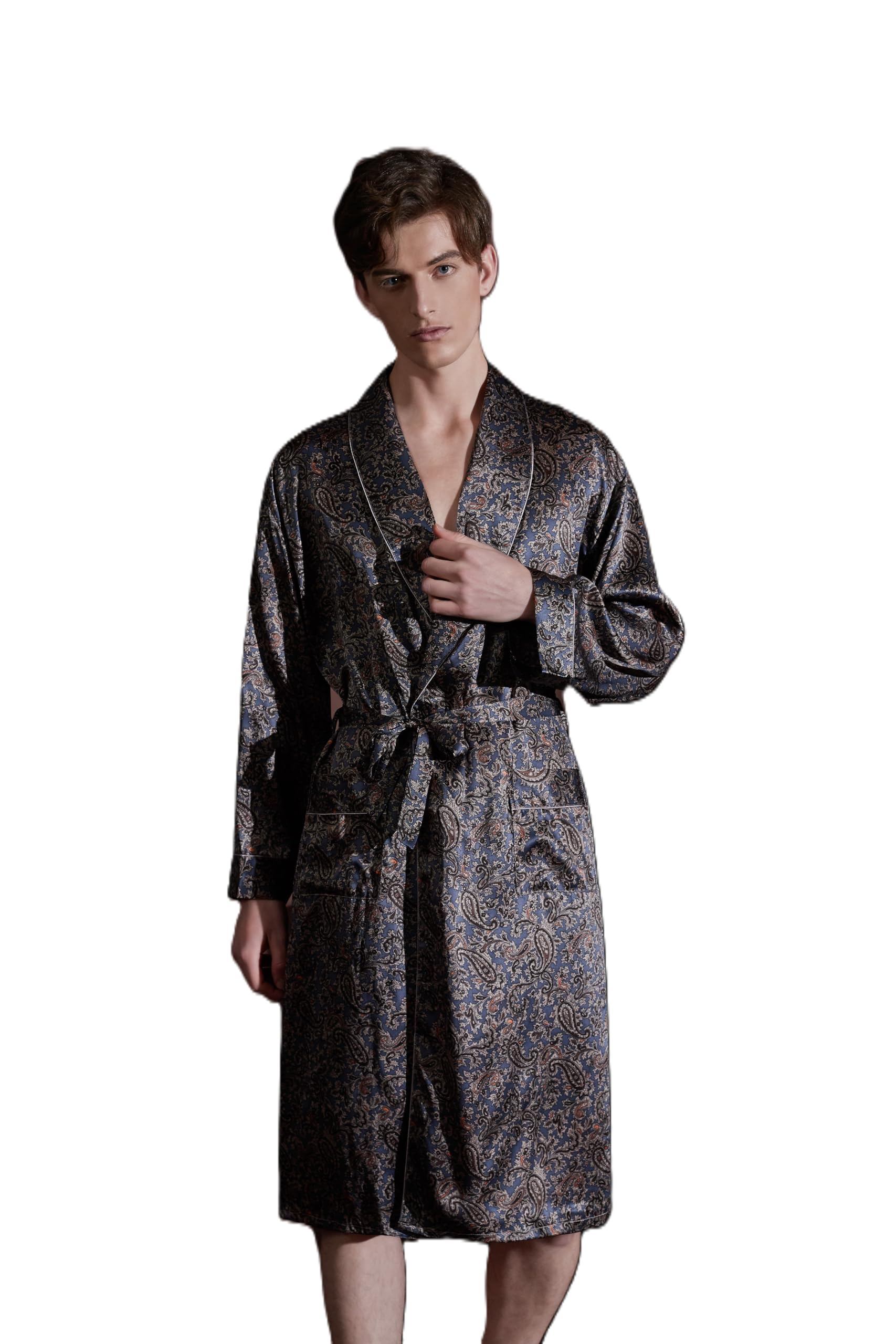 Men's 100% Mulberry Silk Long Robe Kimono Paisley Print Bath Robe, Heavy Silk 19 Momme Dressing Gown