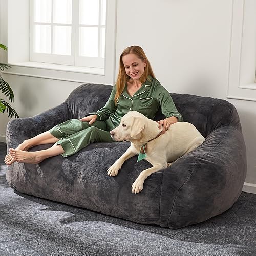 Miniatura 8 de Homguava Puf de gran tamaño para adultos, sofá de puf gigante, sofá de suelo con funda de piel sintética suave y reposabrazos anchos, sofá grande