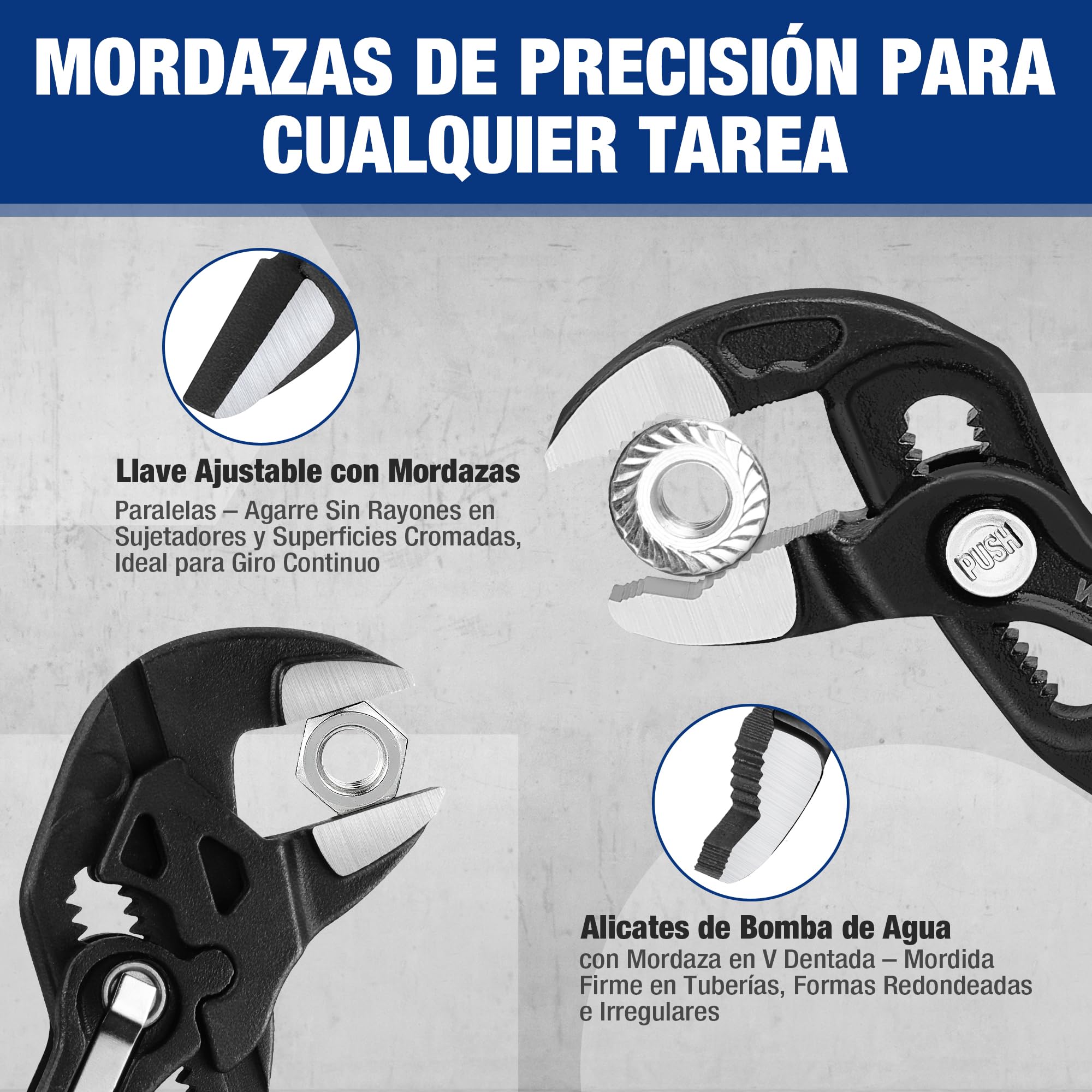 WORKPRO Juego de Llave Ajustable y Alicate de Bomba de Agua 2 Piezas, 180 mm, Alicate de Ranura sin Dientes y Llave para Tubos de Acero Cr-V Resistente, Ajuste Rápido para Trabajos de Reparación