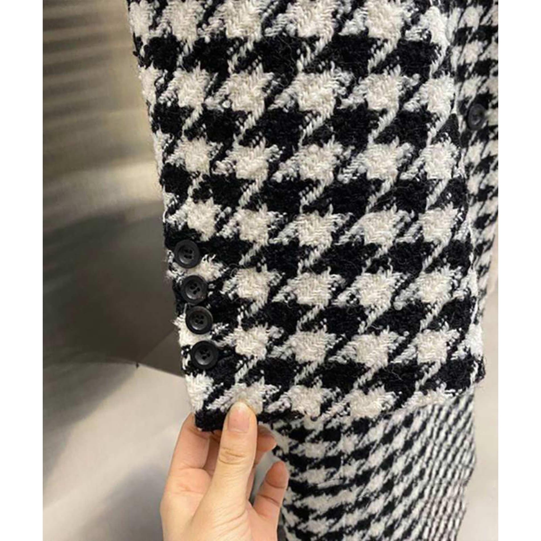 Damski płaszcz dwurzędowy typu peacoat, długa kurtka, elegancki płaszcz w pepitkę, modny płaszcz, kurtka zimowa, płaszcz przejściowy, kołnierz z klapami, kurtka casualowa