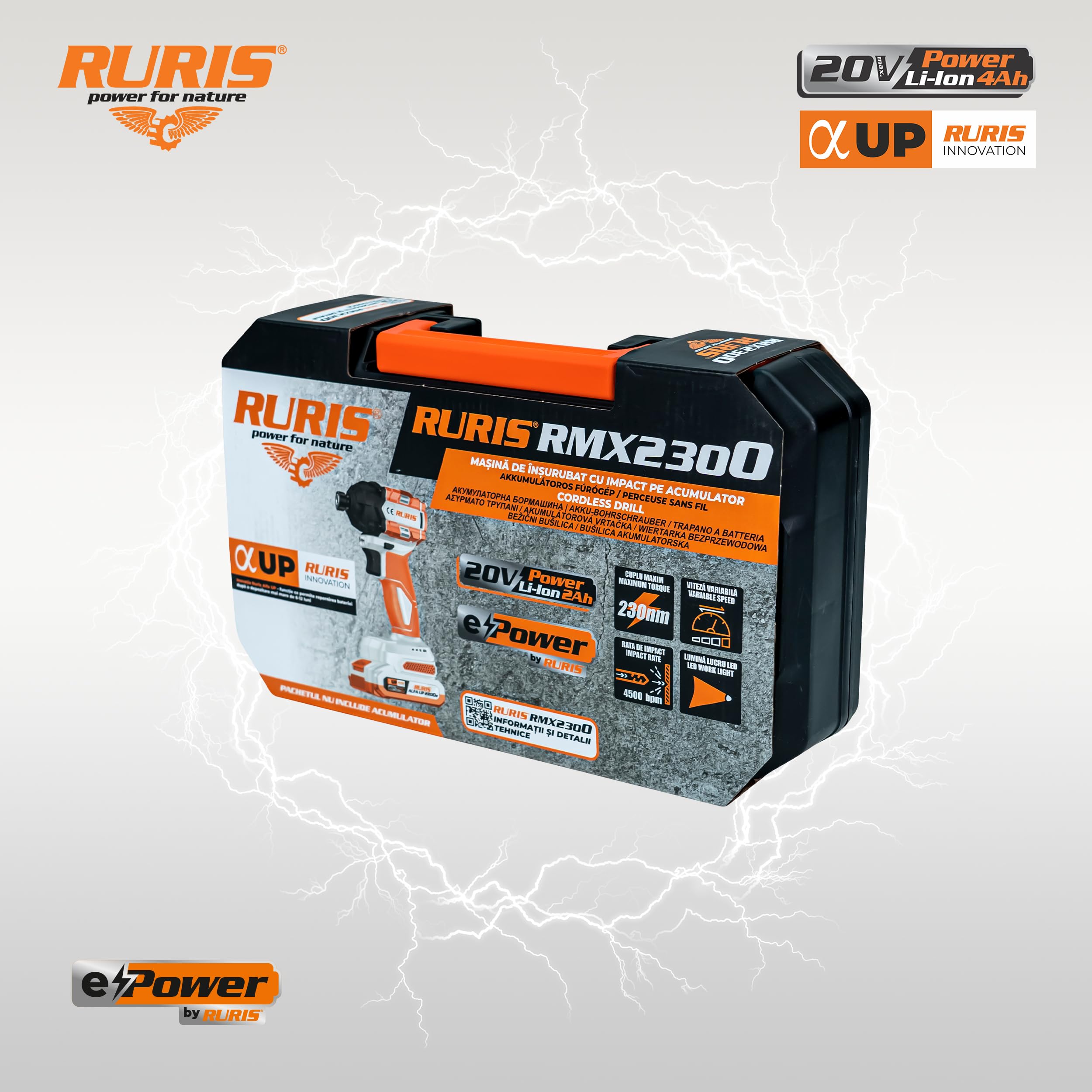 RURIS RMX2300 wkrętarka udarowa akumulatorowa 230 Nm, silnik bezszczotkowy, 3300 obr./min, LED, 1/4", heks, do śrub M8-M18 + zestaw akumulatora 20 V 4Ah i ładowarka