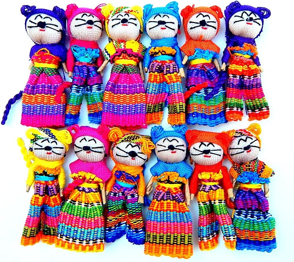 12 Worry Doll Cats with Clothes From Guatemala