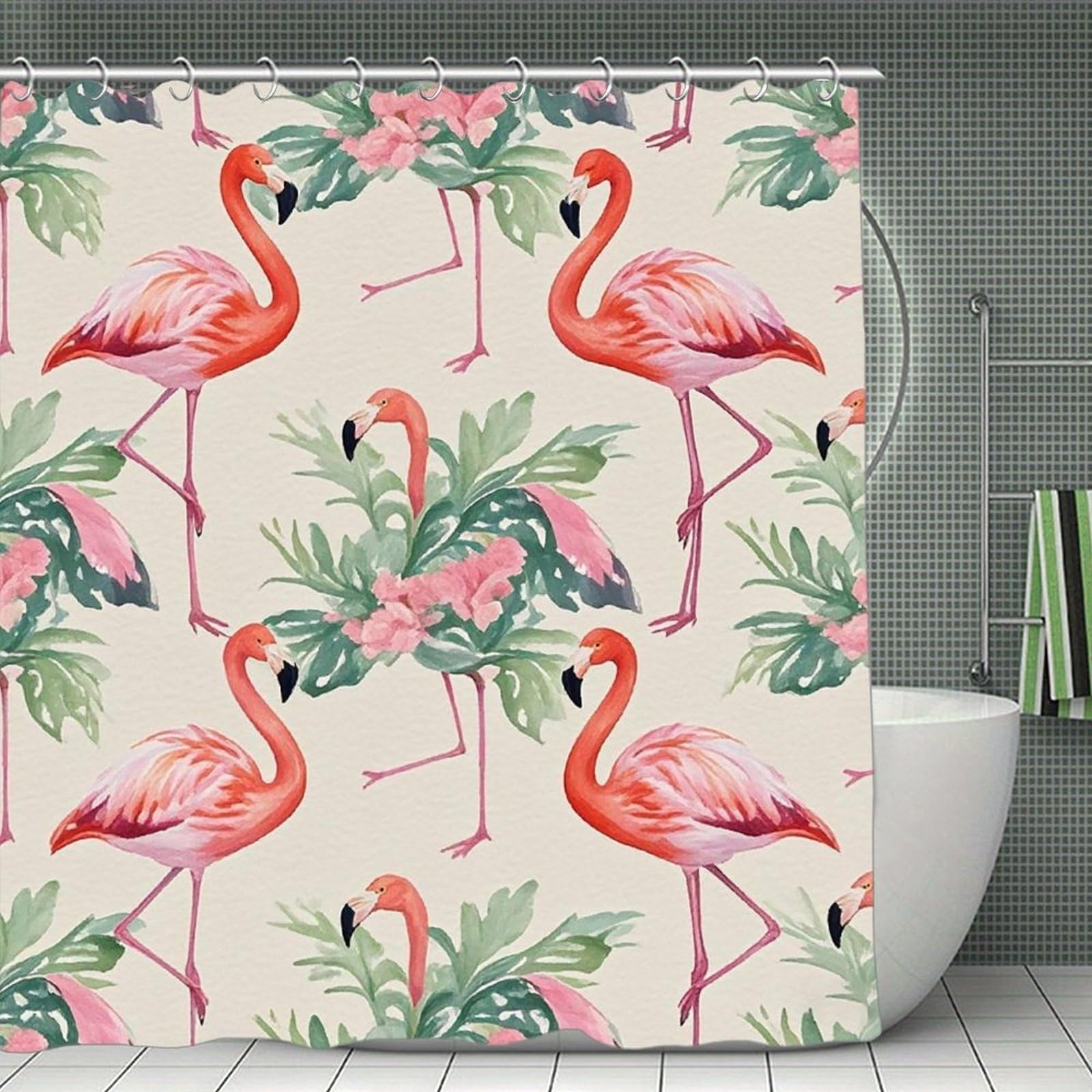 QMNLKH Watercolor Flamingo Shower Curtain with Hooks, Waterproof Bath Curtains for Bathroom, Lightweight Bath Curtains Liner for Hotel, Personalized Bath Curtain for Spa, 70.8 Inch