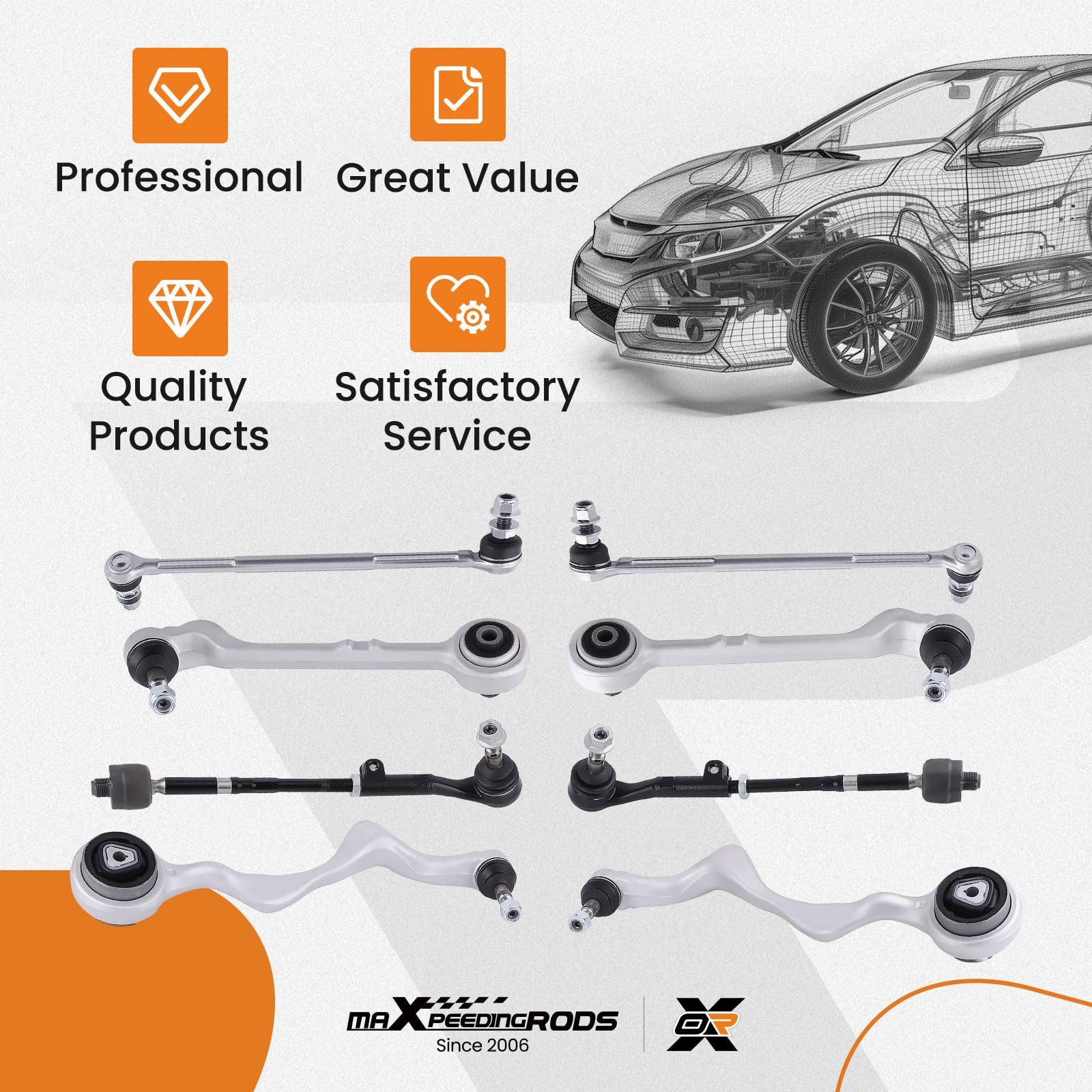 maXpeedingrods Kit de 8 bras de suspension avant pour BMW Série 1 et Série 3 E81 E82 E87 E88 E90 E91 E92 E93 : bras de suspension, biellettes triangulaires, barres stabilisatrices, avant