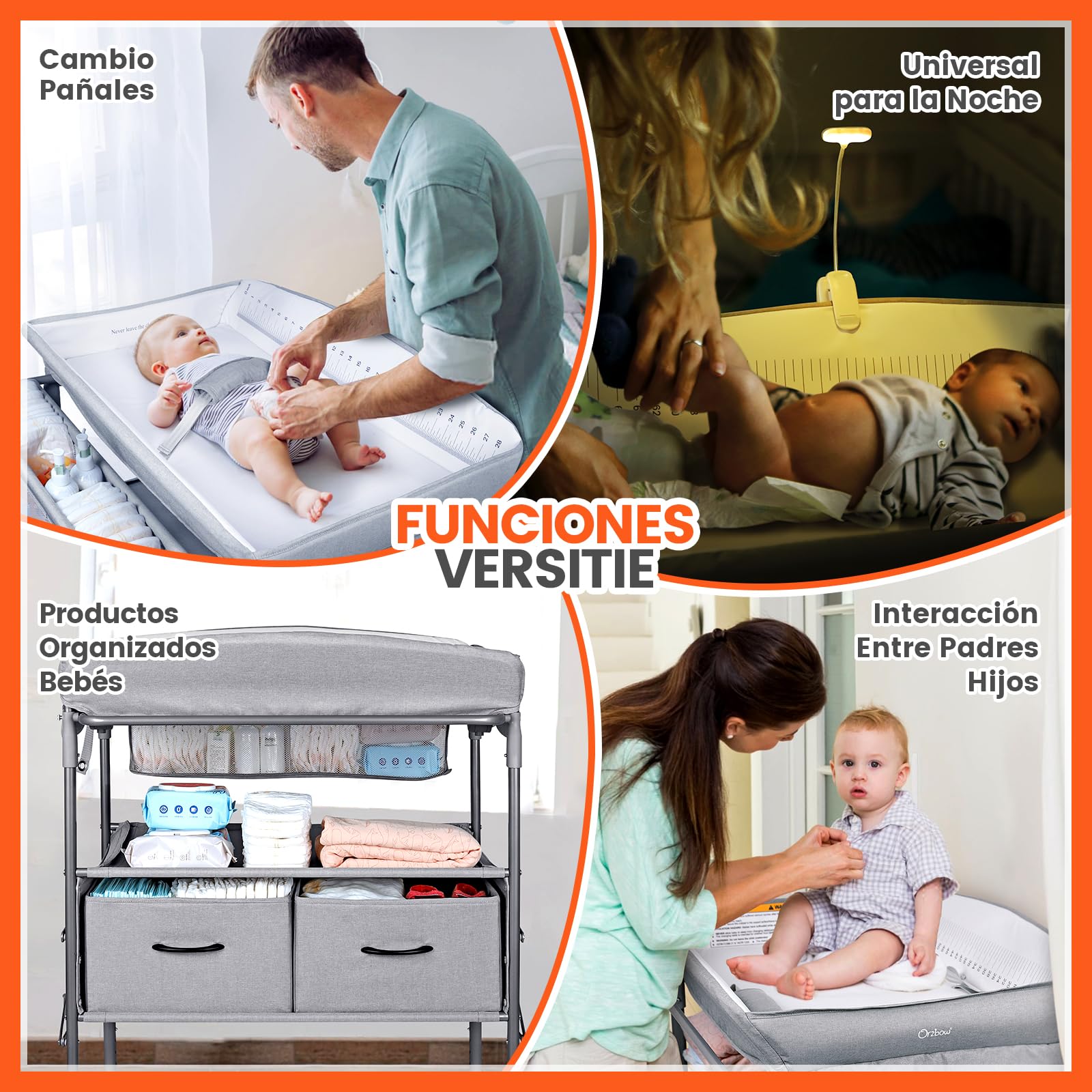 Cambiador Bebe Mueble con Luz Nocturna y Cajones, Mueble Cambiador Bebe Portatil de Altura Ajustable con Correa de Seguridad, Espacio de Almacenaje Extra Grande, Móvil Cómoda Cambiador Bebe, Gris