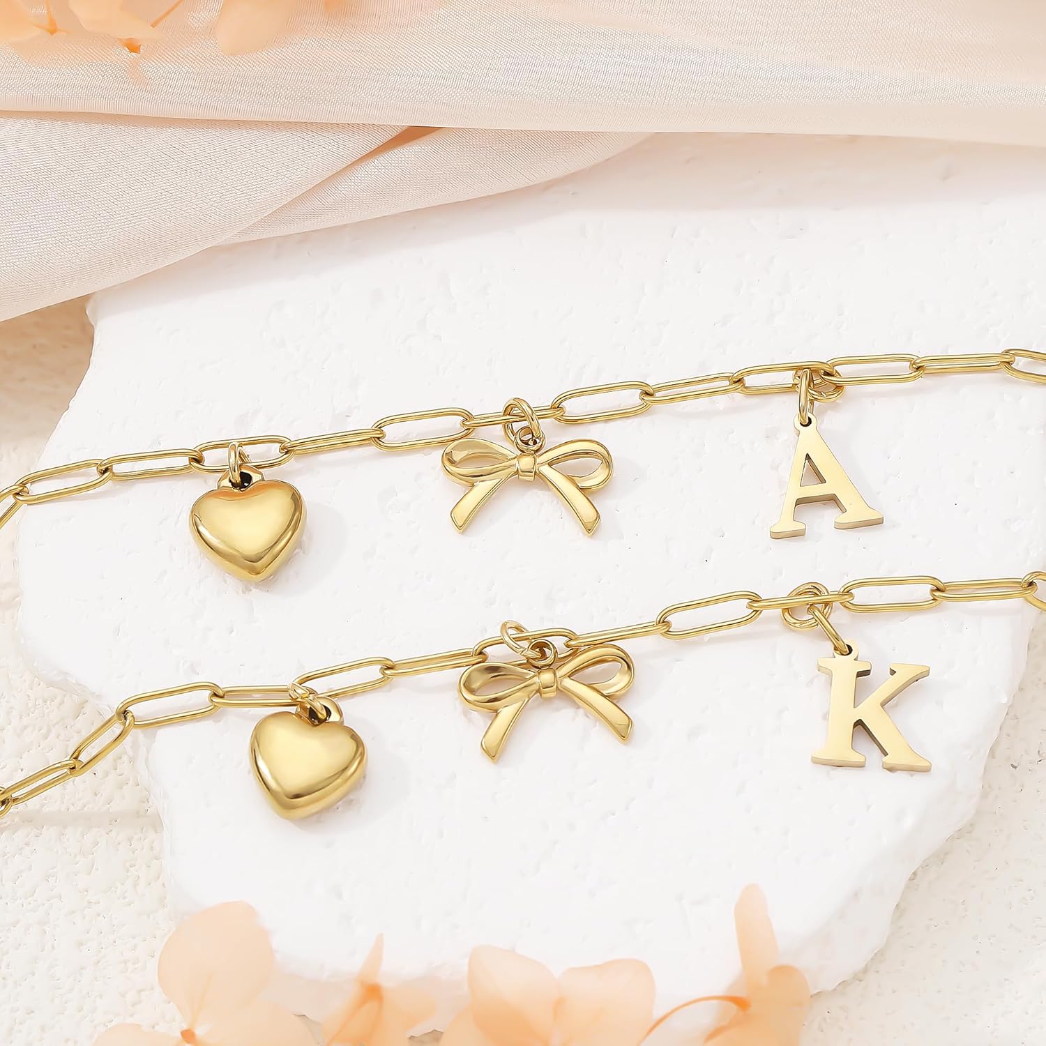 14K Gold Plated Bracelet for Women Simple Jewelry Initial A-Z Bracelet Dainty Chain Gifts for Women Birthday Unique Dainty Letter Charm Bracelet with Bow Back to School - Image 5