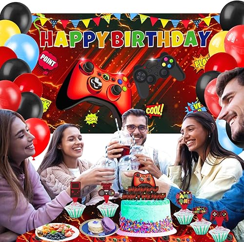 Miniatura 6 de Mpanwen Decoraciones de fiesta de cumpleaños de videojuegos, 109 piezas, color rojo y negro, suministros para fiesta de cumpleaños de niños, telón