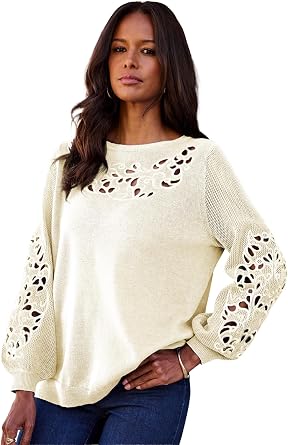 Roaman's Women's Plus Size Pullover Sweater with Cutout Detail
