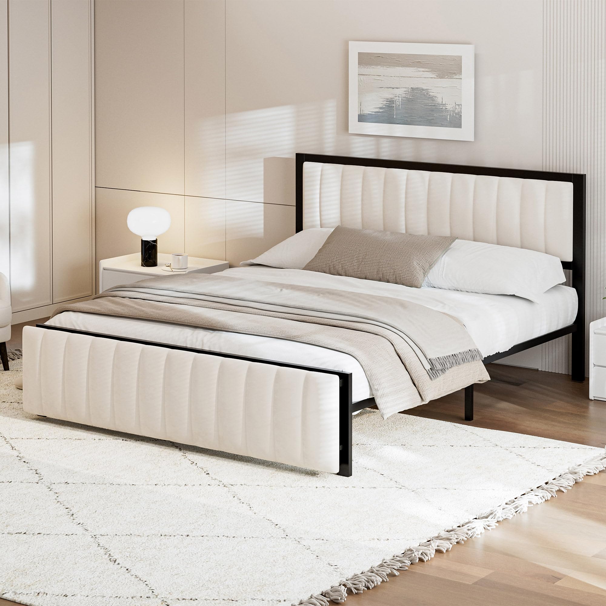 Samt Polsterbett 160x200 mit Endbank (Klappbar), Bettgestell aus Eisen, Doppelbett mit Lattenrost, Multifunktionsbett mit Stauraum, Bett für Jugendliche, Bett für Erwachsene, Flaches Bett, Beige