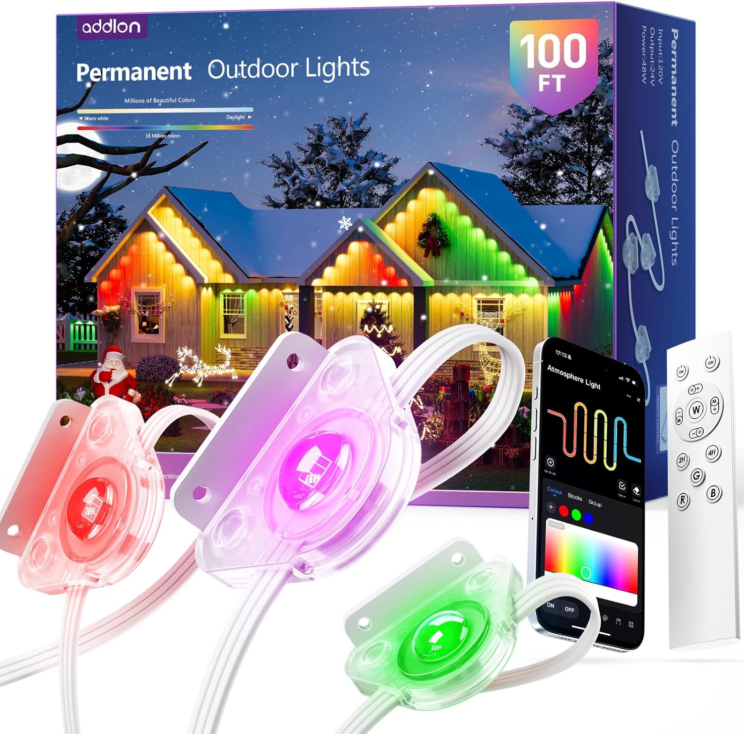 addlon 200FT Permanent Outdoor Lights, Smart RGB+IC LED Lights for House & Outdoor Decor, App & Remote Control, DIY Scene Modes, IP67 Waterproof for Christmas, Holiday, Party, Halloween Decorations