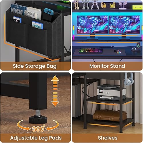 Miniatura 5 de SEDETA Escritorio para juegos en forma de L con tira de alimentación y luces LED, escritorio de esquina para computadora con cajón de tela y