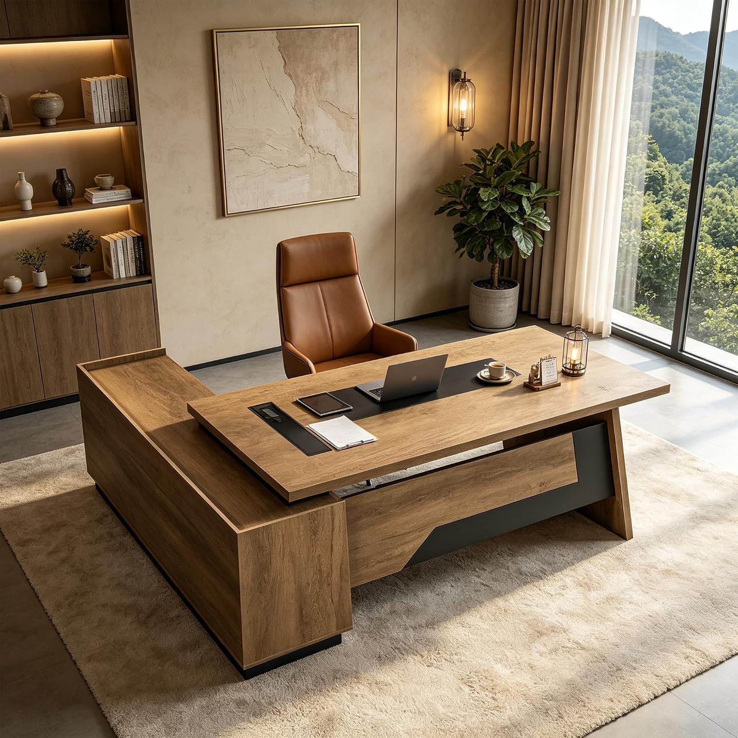 SAINTCY Executive Desk with Locking Drawer, 71"-78" L Shaped Desk with Wireless Charging & Power Outlet, Large CEO Office Desk with Cabinet & Storage Shelves for Business, Thick 1.57" Desktop (Right)