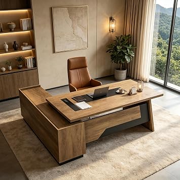 SAINTCY Executive Desk with Locking Drawer, 71"-78" L Shaped Desk with Wireless Charging & Power Outlet, Large CEO Office Desk with Cabinet & Storage Shelves for Business, Thick 1.57" Desktop Right