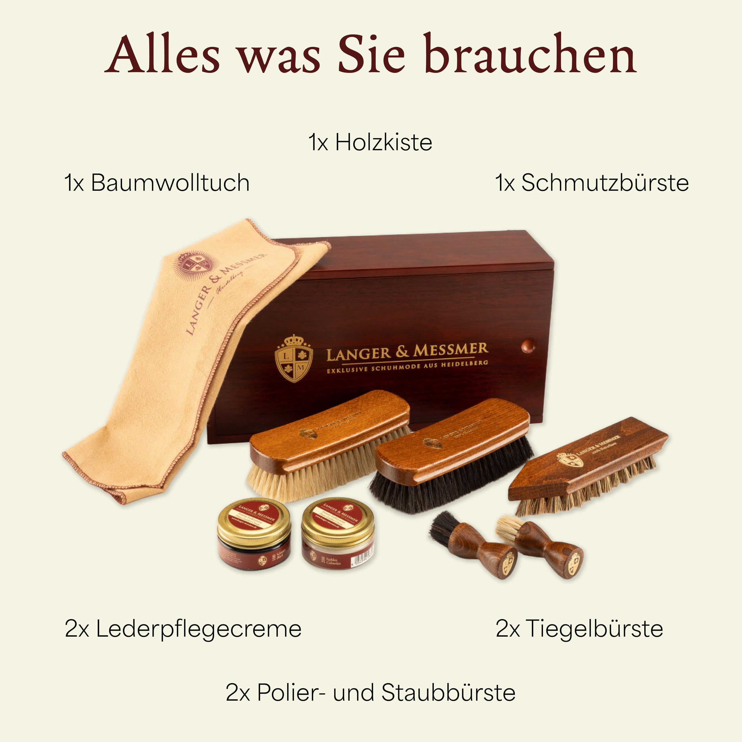 Langer & Messmer – Schuhputzkiste Mannheim aus Holz mit 2 Fächern – ohne Inhalt oder mit mehrteiligem Pflegeset erhältlich – Schuhputzbox zur Aufbewahrung diverser Schuhpflegemittel