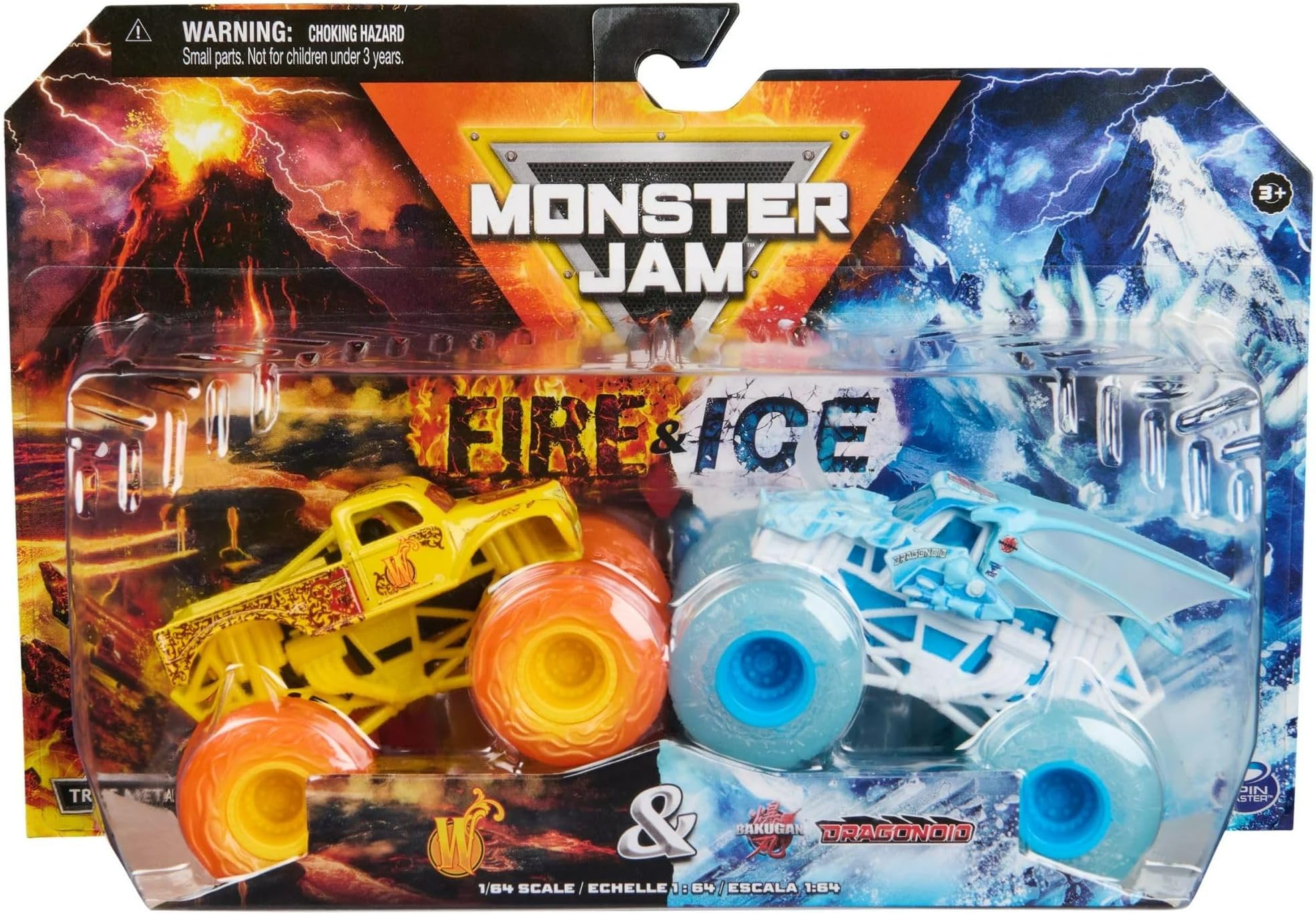 Monster Jam Fire and Ice Monster Trucks, 2 Pack, Whiplash vs Dragonoid, 1:64 Scale