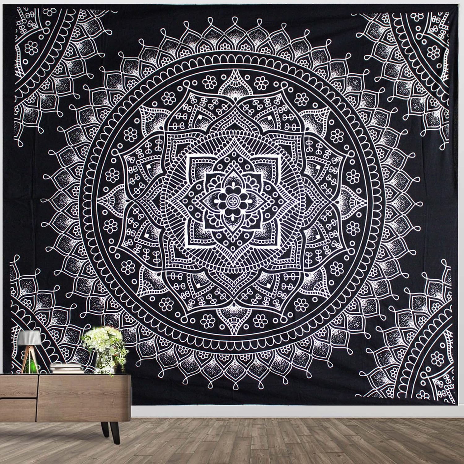 Roninkier Mandala Nature Tapestry, Black and White Wall Cloth Art Wall Hanging for Bedroom Living Room (Mandala 1, 150 x 130cm)