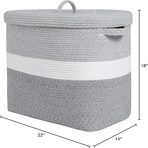 Miniatura 65 de Cesta de almacenamiento rectangular extragrande de 22 x 14 x 18 pulgadas con tapa, cesta de almacenamiento grande de cuerda de algodón, cesta