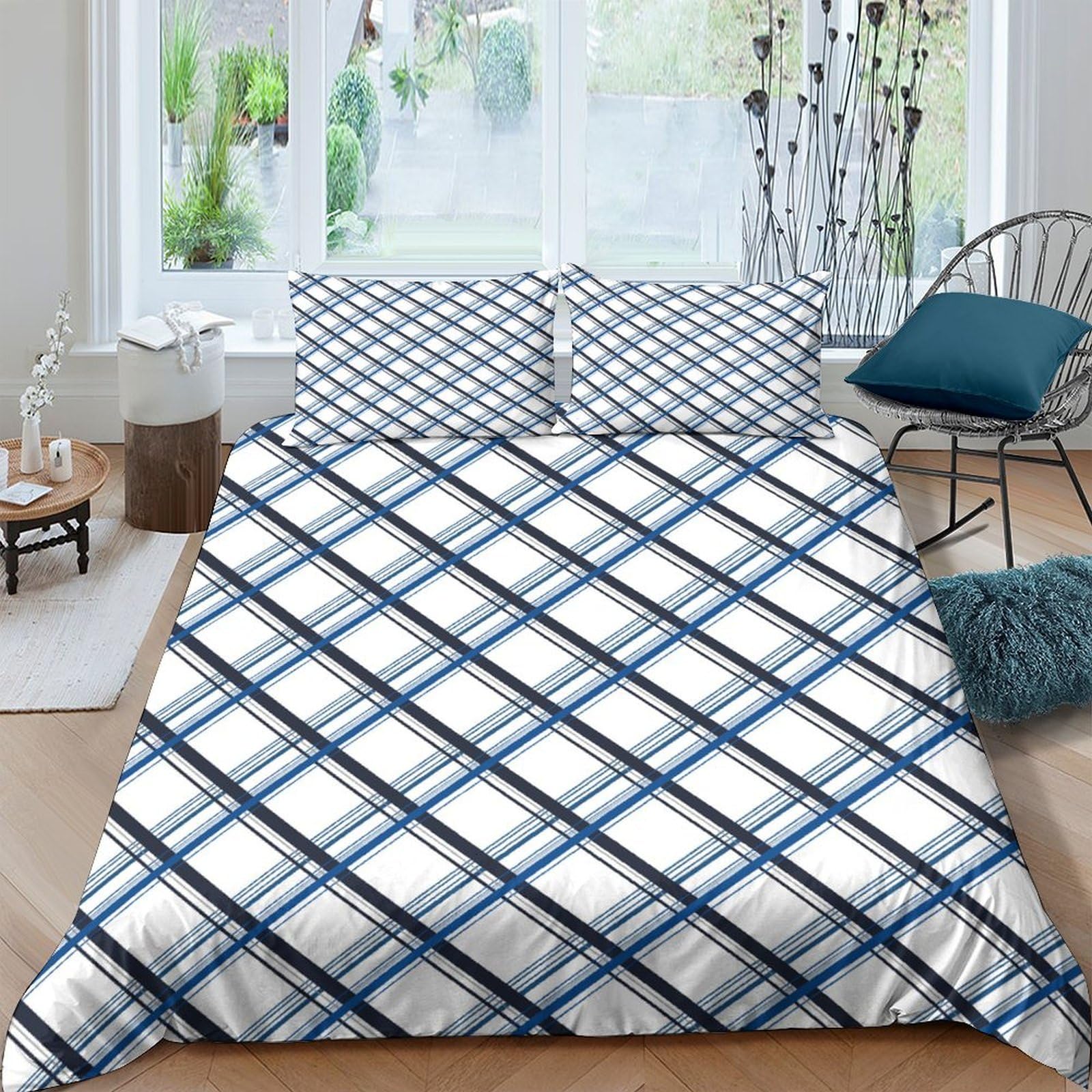 Ctjqhvkz Style-3 3D Printed Blue Plaid Fitted Sheet Microfiber Soft Breathable Checkered Bed Cover For Bedroom Guest Room Mattress Decor Single（135X200cm）