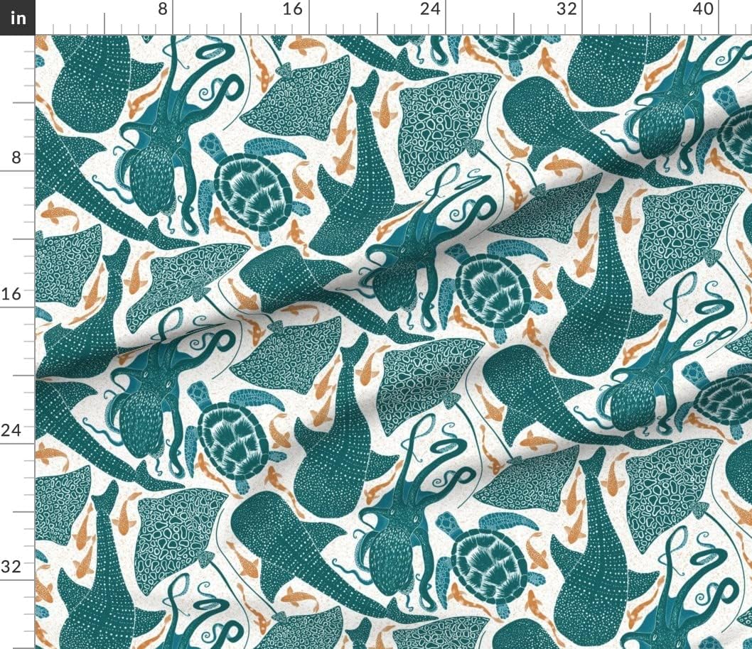 Spoonflower Fabric - Whale Shark Sea Turtle Octopus Fish Aqua Golden Orange Blue Water Printed on Petal Signature Cotton Fabric by The Yard - Sewing Quilting Apparel Crafts Decor