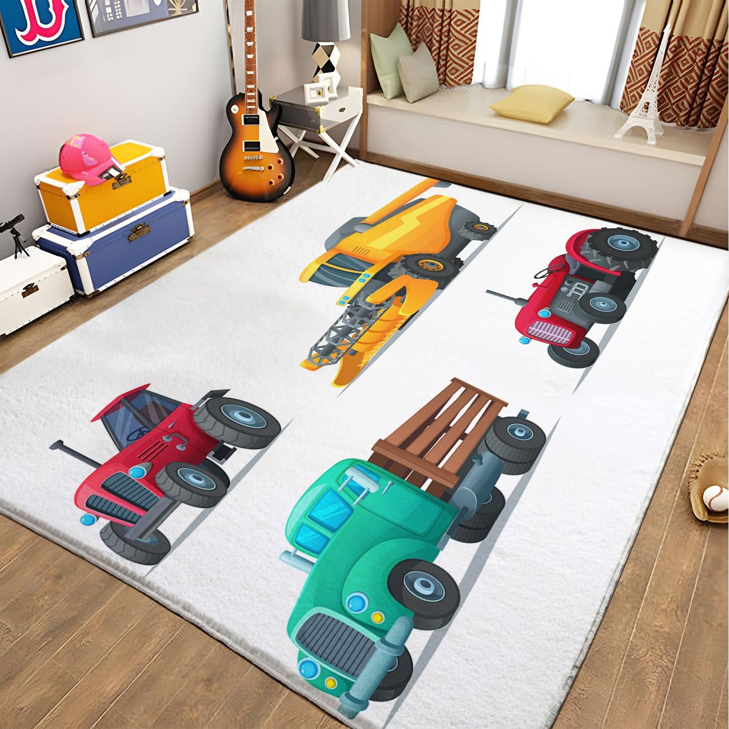 Bianco Tappeto Salotto 80 x 150cm Veicolo da costruzione dei cartoni animati Tappeti Camera da Letto, Rug Cucina Antiscivolo Lavabile per Tavolino da Salotto, Bagno, Tappeto Bambini Cameretta