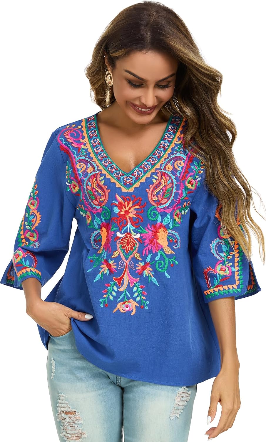 YZXDORWJ Women's Summer Embroidered Mexican Shirts Short Sleeve Casual Tops Blouse