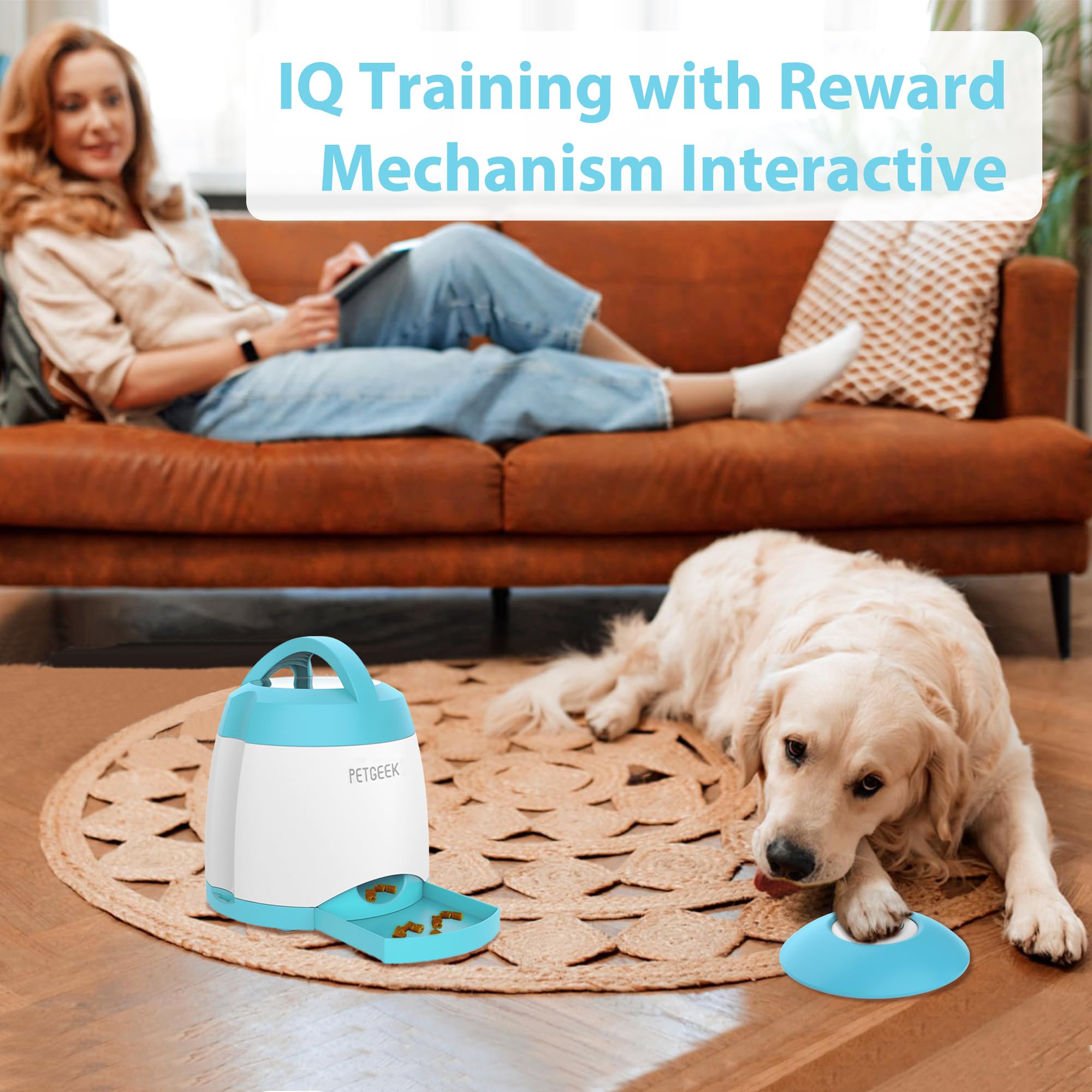 PETGEEK Automatischer Leckerli-Spender für Hunde, Puzzle-Memory-Training, Aktivitätsspielzeug, IQ-Training, Hunde-Knopf-Futterspender, Fernbedienungstaste, Leckerli-Spender für Hunde (Upgrade Blau)