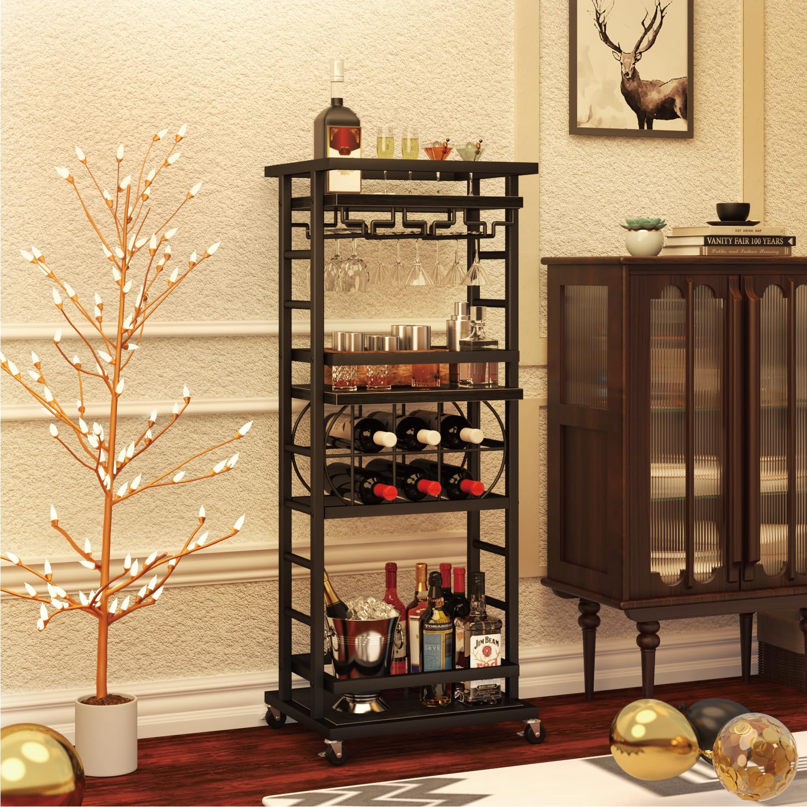 Fully assembled MILEFA 4-Tier Bar Cart, loaded with bottles, glasses, and bar accessories.
