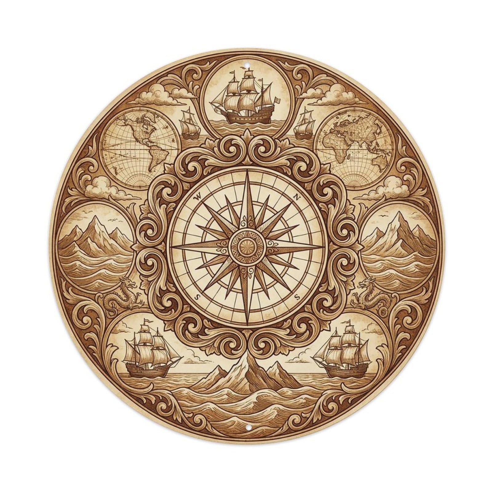 Vintage Nautical Compass World Map Shipyard Chronicle Metal Tin Sign