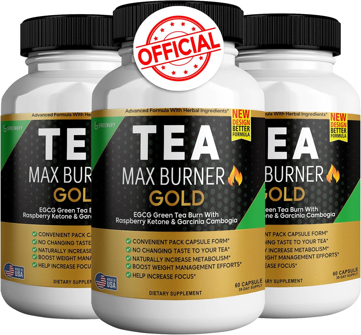 Tea Max Burn Burner Gold – Green Tea Extract & Green Coffee Bean for Metabolism Support, Natural Energy Boost, Antioxidant-Rich Supplement – 180 Capsules (3 Pack)