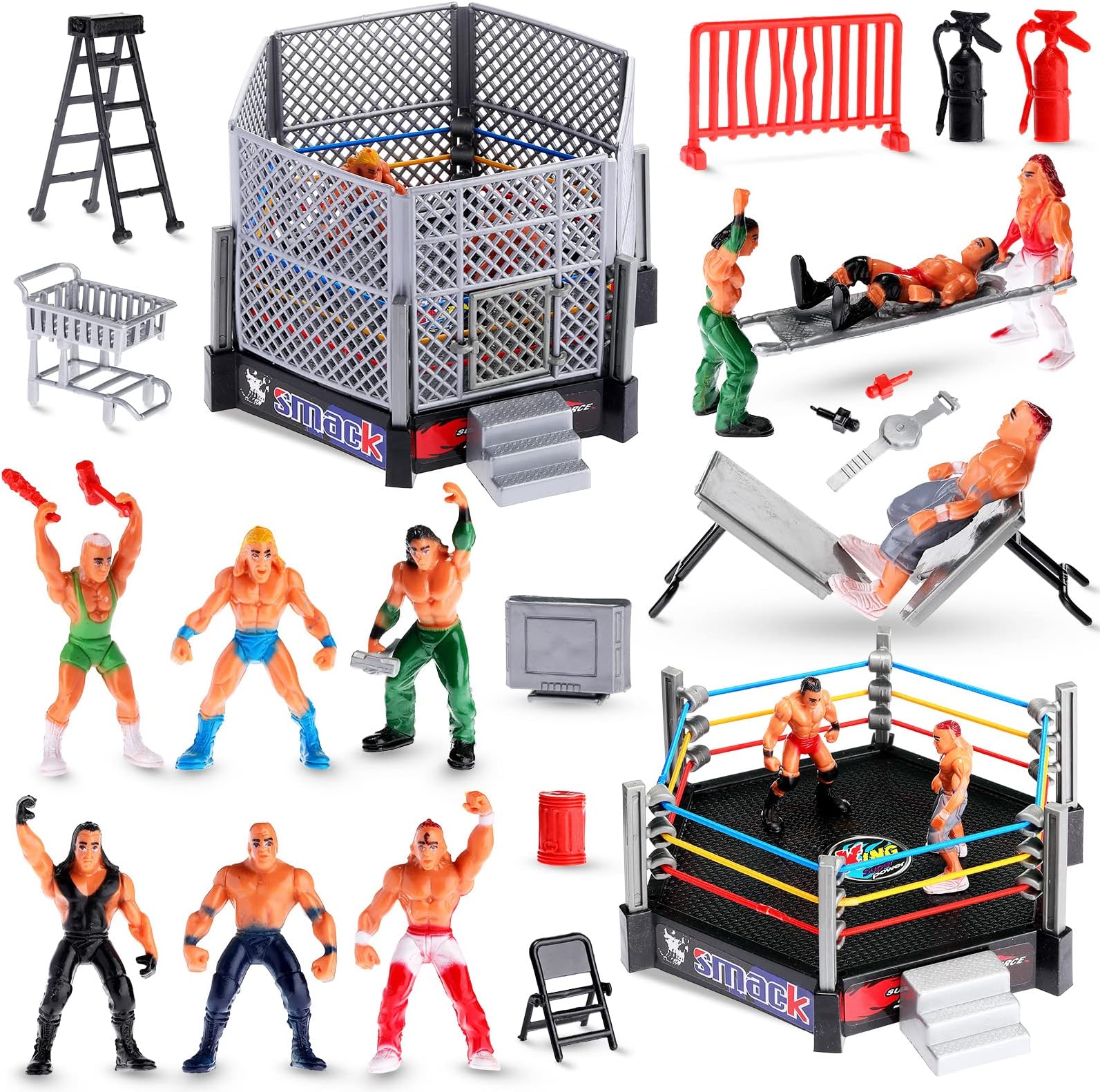 Skylety 32 Pieces Wrestling Toys Wrestler Warriors Toys with 12 Mini Wrestlers Action Figures , 20 Realistic Accessories Realistic Action Wrestling Figures Playset Gifts Favors for Boys and Girls