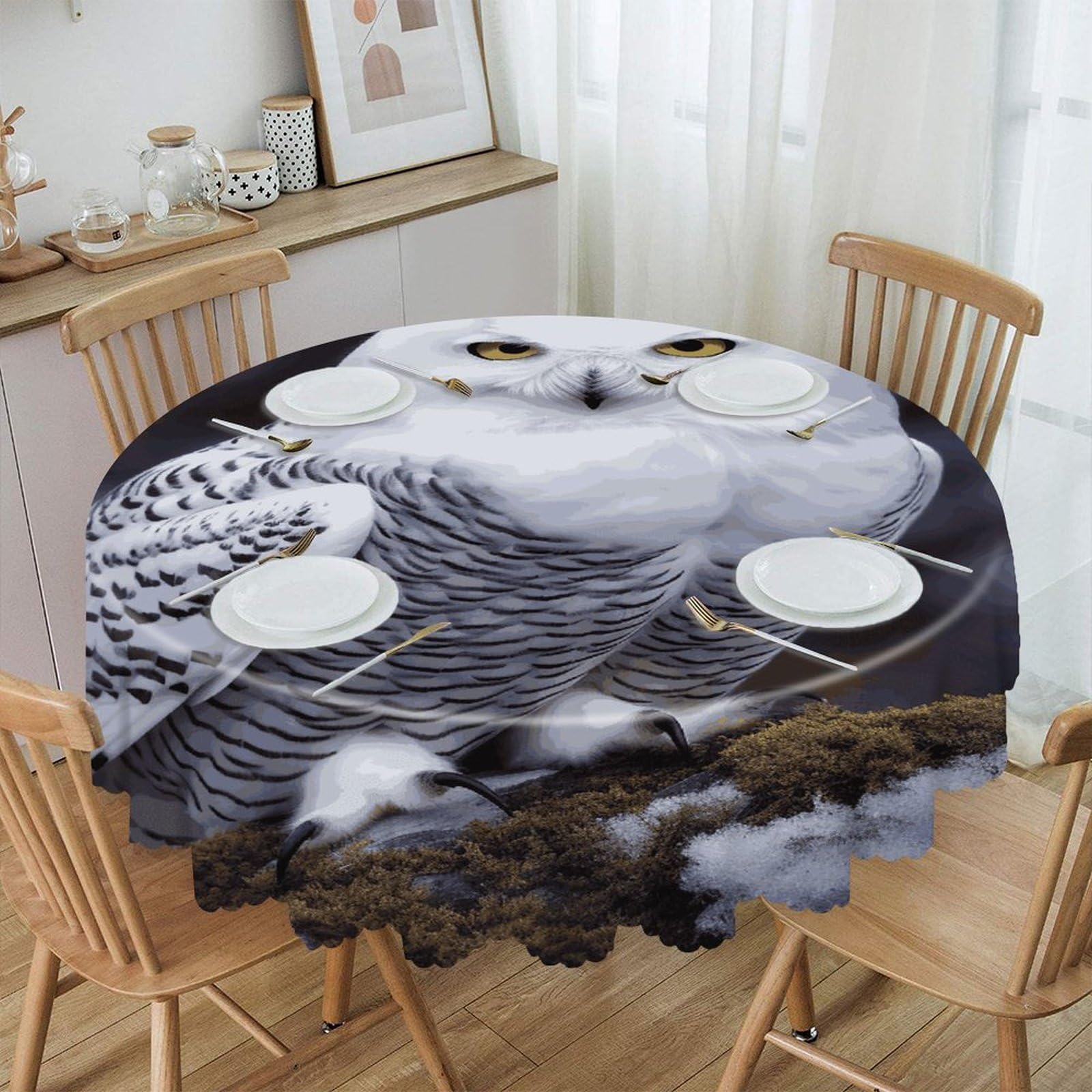 VstaDank Arctic Owl Round Tablecloth 60 Inch Easy to Clean Circle Table Cover Thick Decorative Round Polyester Table Cloth for Dining Kitchen Party Farmhouse Outdoor