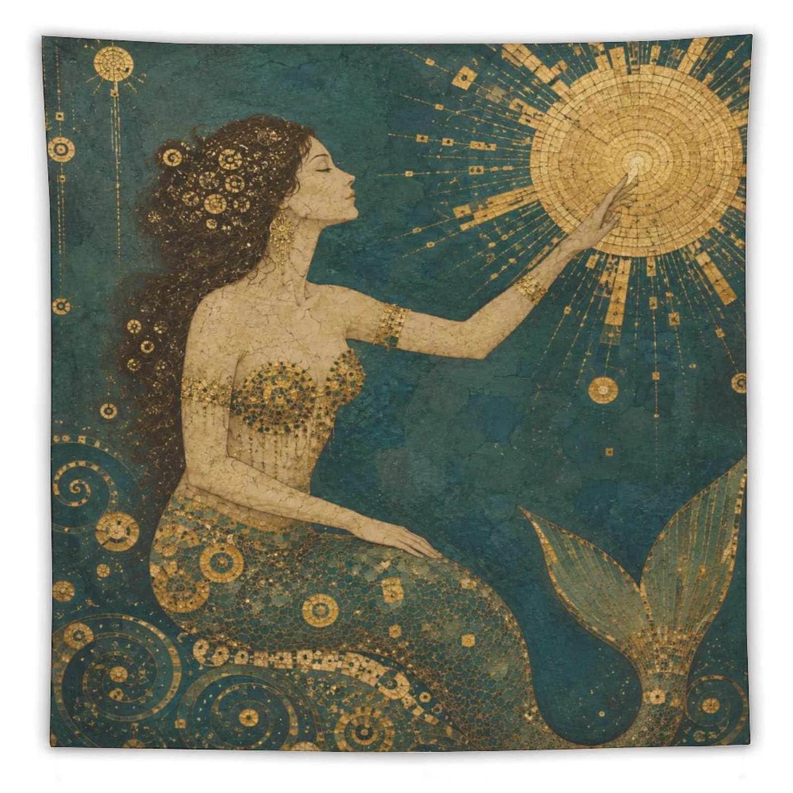 W7C8U2X3 Mermaid Holding Sun Wall Tapestry, Art Nouveau, Art Nouveau