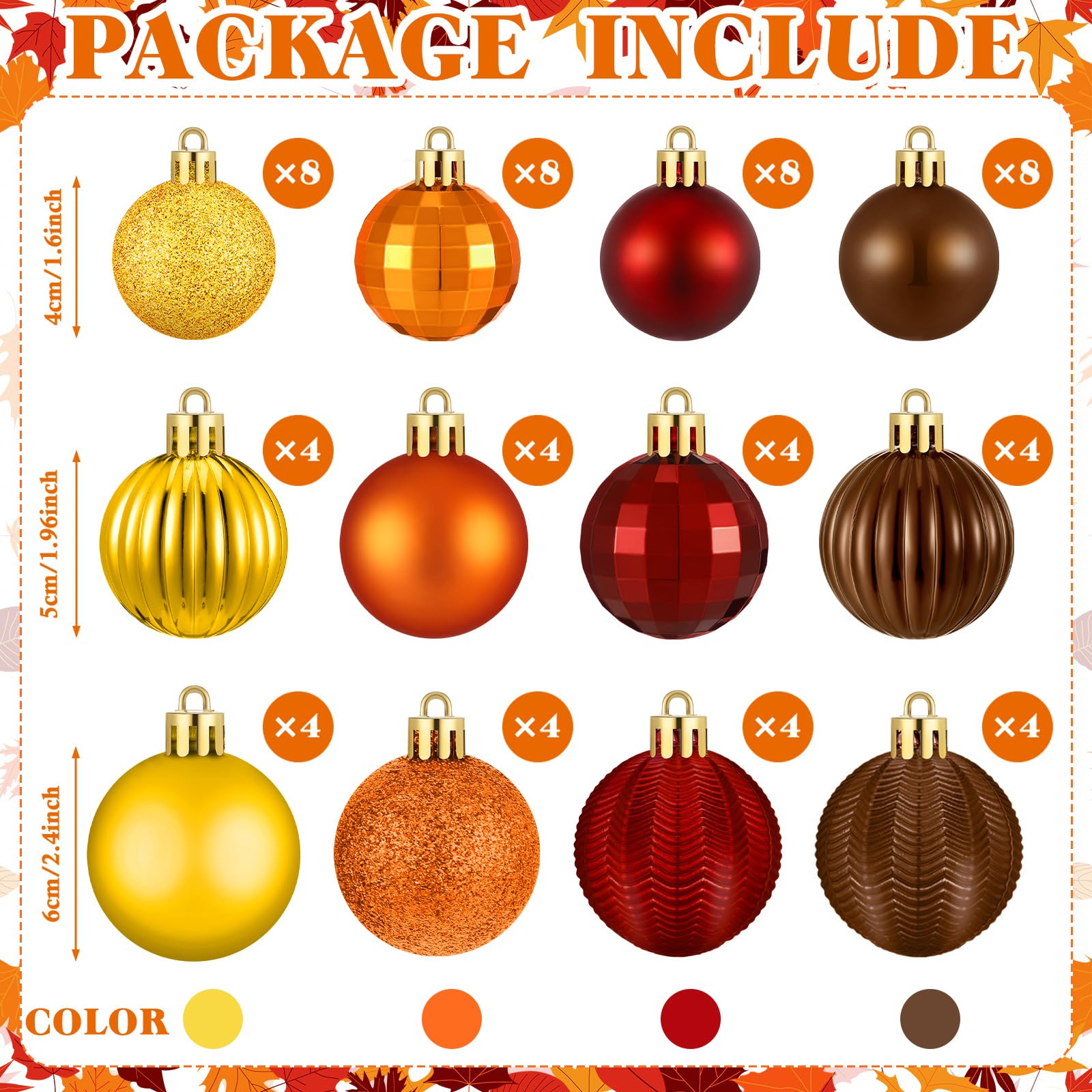 Lunmon 64 adornos de bola de otoño para árbol de Navidad con purpurina, dorado, naranja, rojo, marrón, decoración de otoño, adornos de cosecha de varios tamaños para suministros de fiesta,