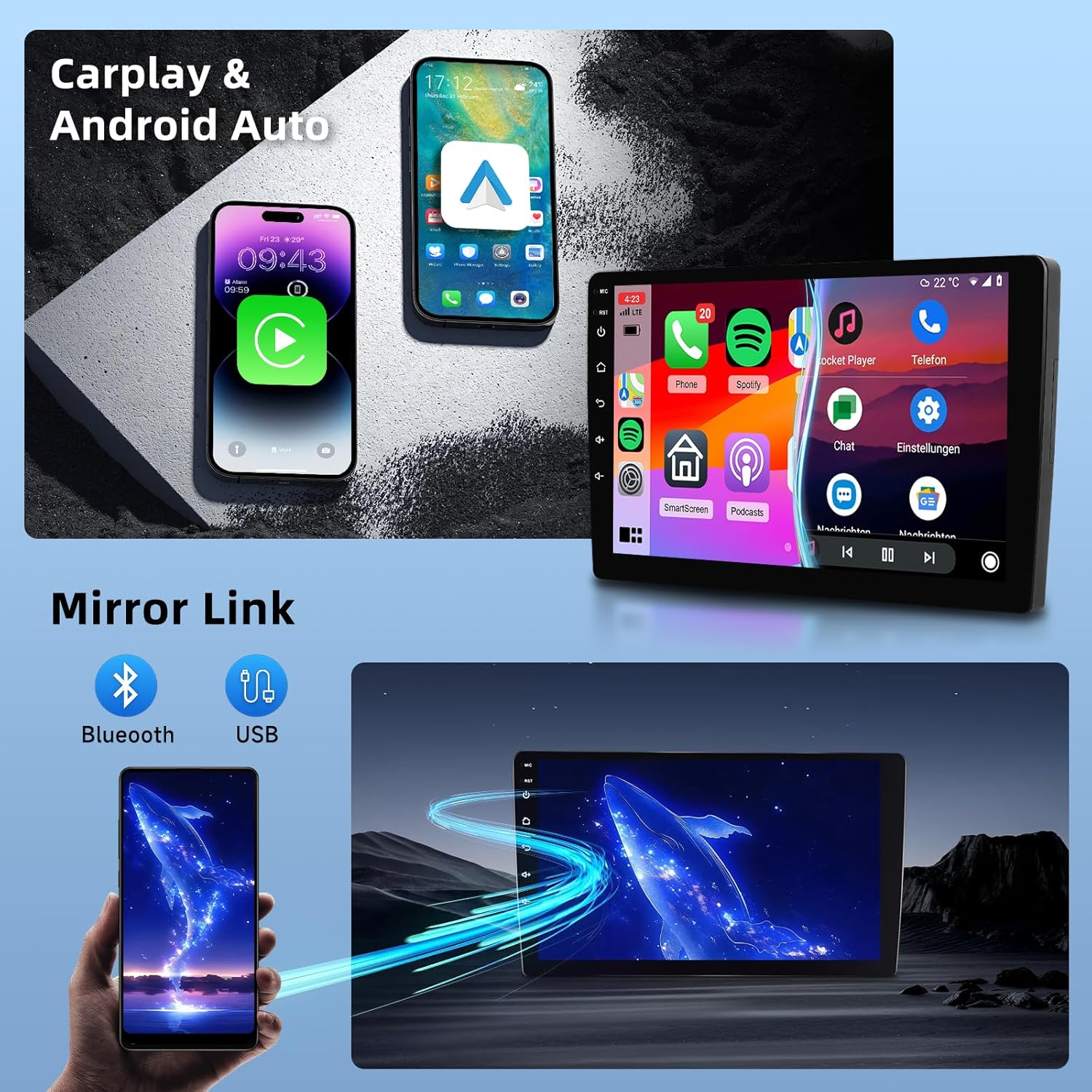 Image showing a smartphone connected to the car stereo via CarPlay and Android Auto, demonstrating the interface on both devices.