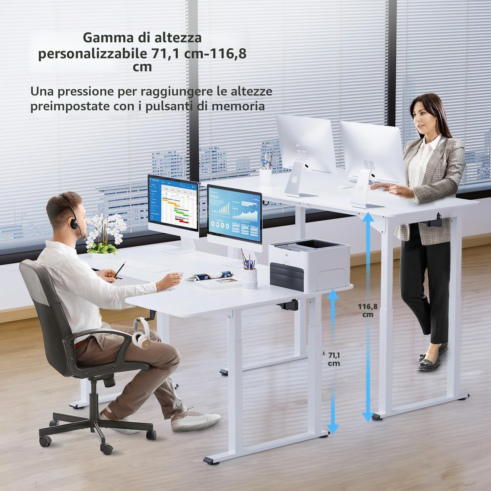 Dripex Scrivania regolabile in altezza 180x110cm, Scrivania ad angolo con doppio motore, Standing Desk con 4 gambe per una super stabilità, bianca