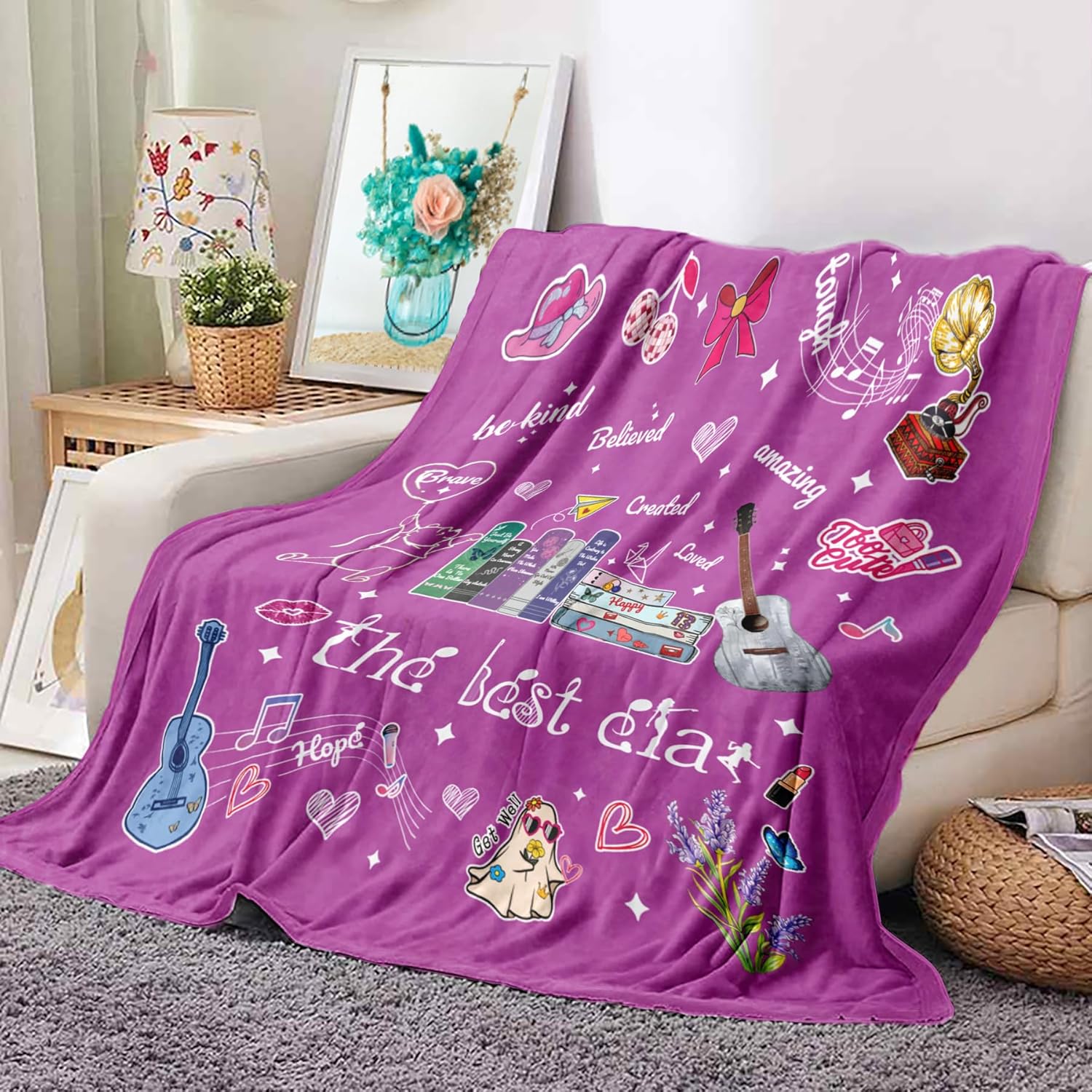 Best Era Throw Blanket Gift for Girls 50"x60",Birthday Gift for Daughter Sister,Purple Flannel Inspirational Blanket,Romantic Throw with Guitar Music,I Love You Gift for Girl,Wife,Friend - Image 2