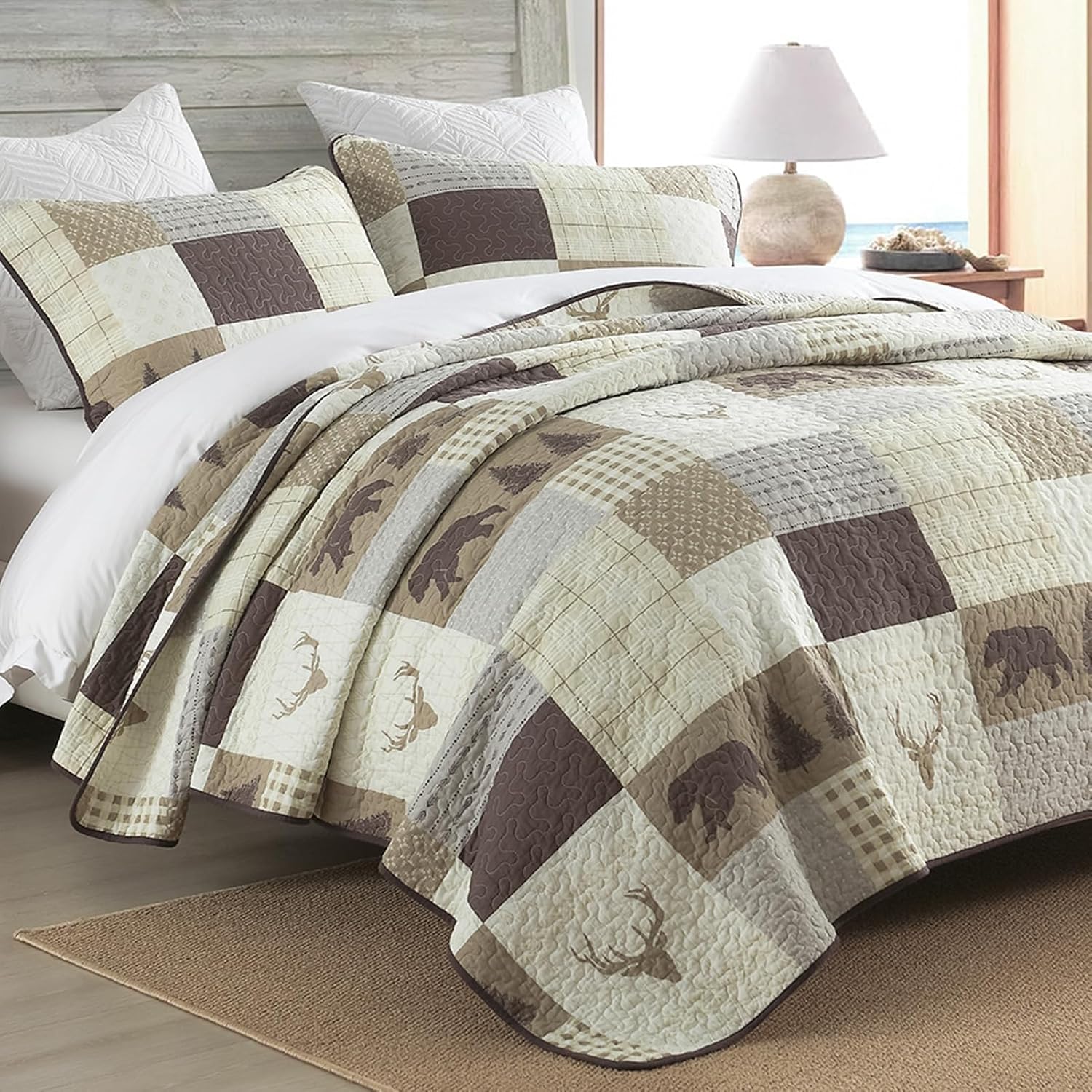 Quilts King Size, King Quilt Bedding Set Bedspread, 100% Cotton Farmhouse Rustic Quilt for King Bed, Reversible Lightweight Comforter Bed Spread with Wildlife Patterns, Cream/Brown/Gray - Image 3