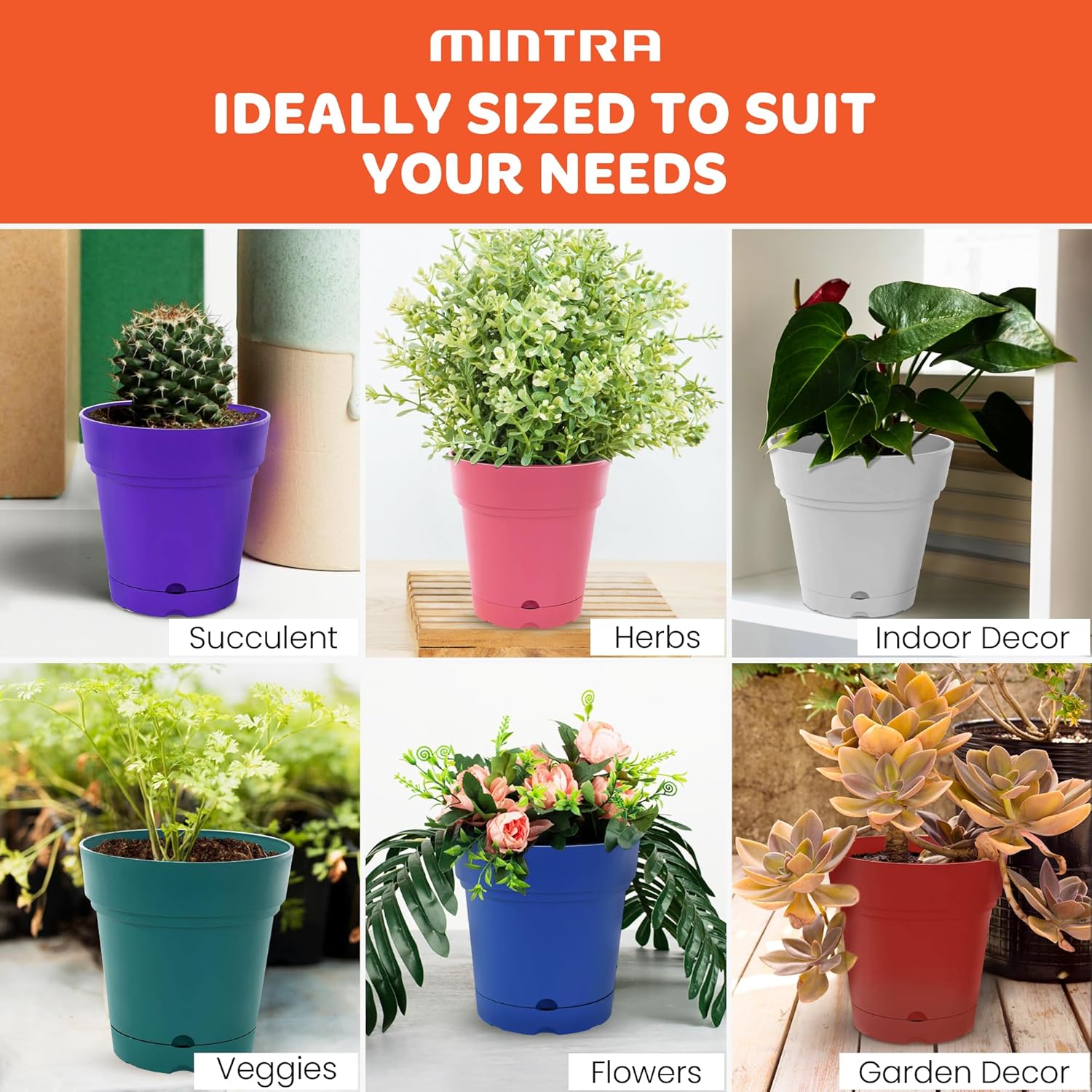 Mintra Plastic Round Planter Pots, Pack of 1 for Indoor & Outdoor Use, Garden Pots with Drainage Holes & Saucer Tray, Ideal for Home & Garden Decoration, 8.5" Diameter, 8.5" W x 8.75" H – Purple