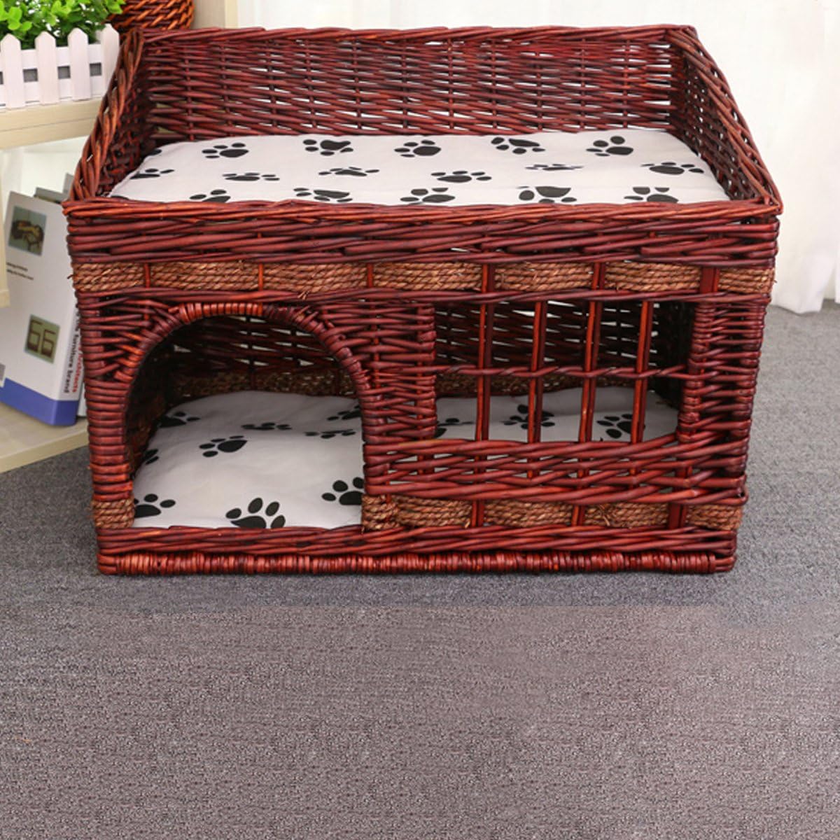Layboo Handmade Square 2 Level Rattan Wicker Pet(Small Dog/Cat/Rabbit) Cat Delivery Room/House Tent with Cushion (Brown)