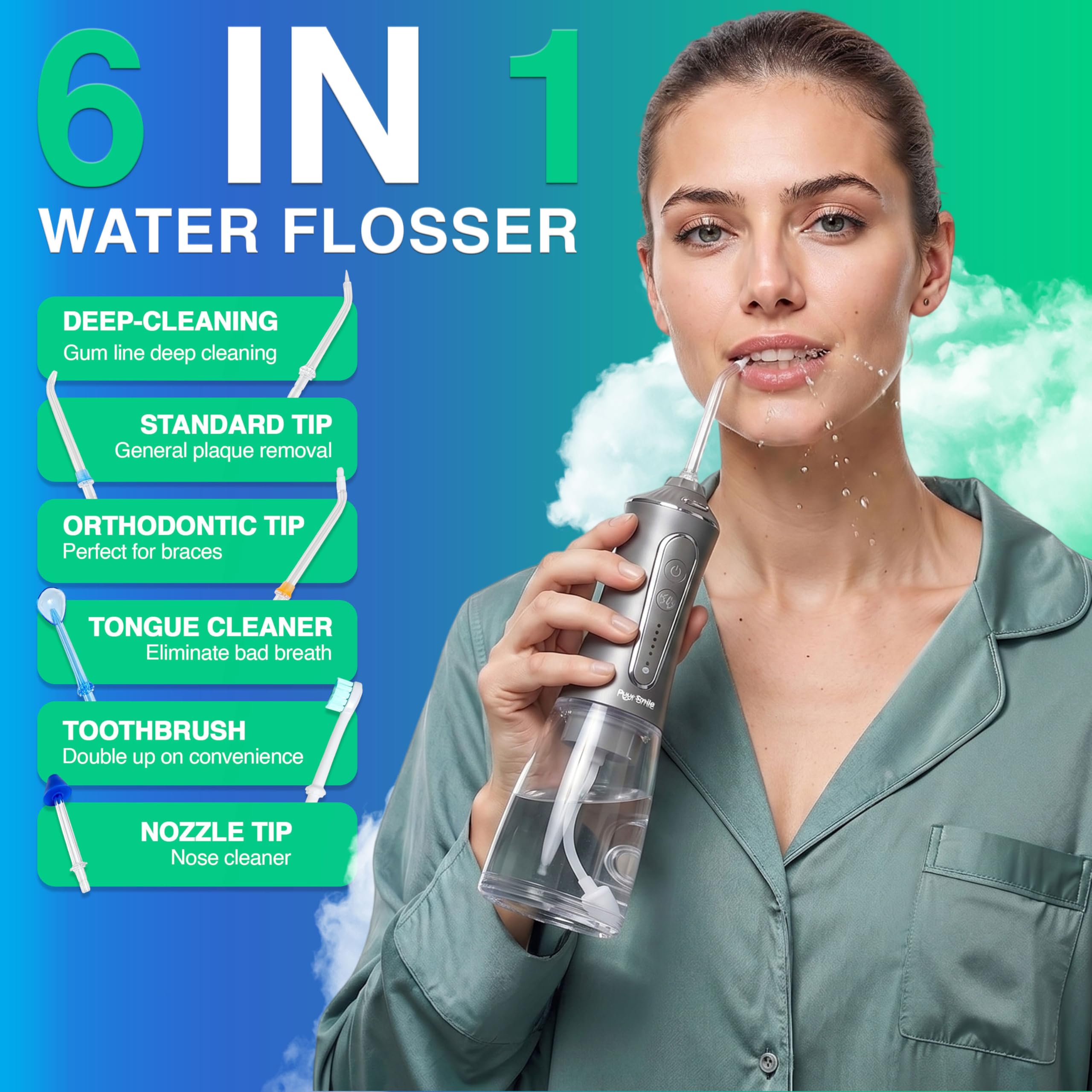 Hydropulseur professionnel – Soins dentaires avancés pour une bouche, des gencives et des dents plus saines – Irrigateur buccal étanche IPX7 | 7 embouts de rechange, facile à transporter, rechargeable